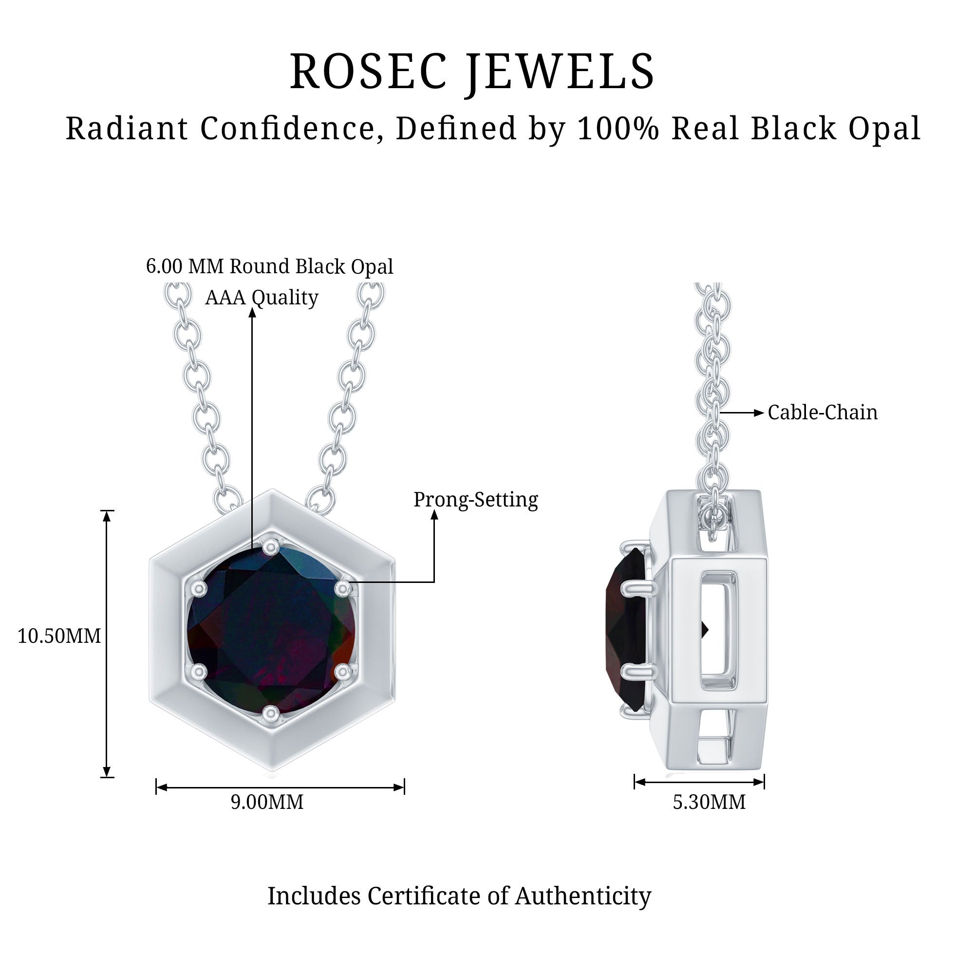 Natural Black Opal Hexagon Pendant Necklace With Chain AAA - Rosec Jewels