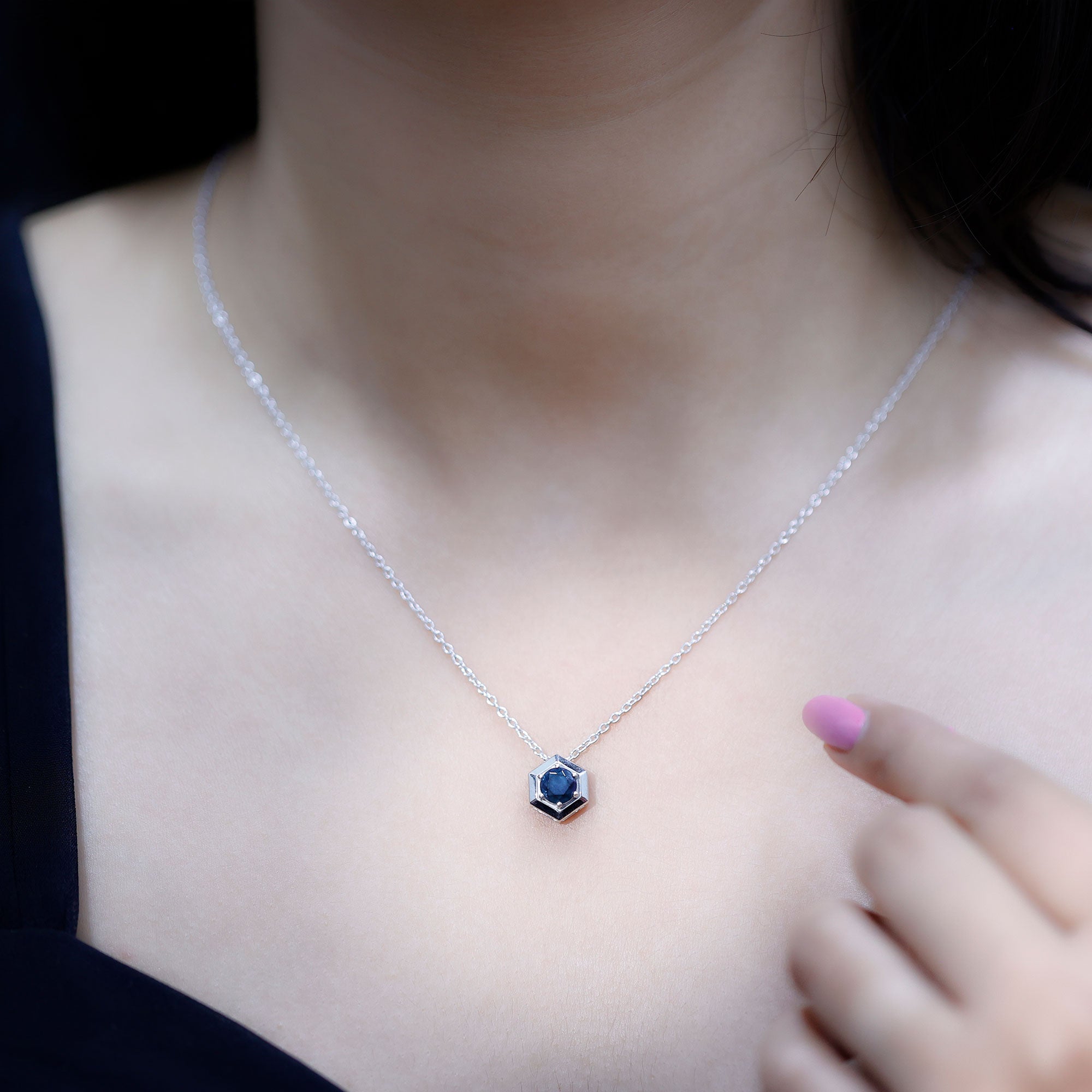 Natural Black Opal Hexagon Pendant Necklace With Chain AAA - Rosec Jewels