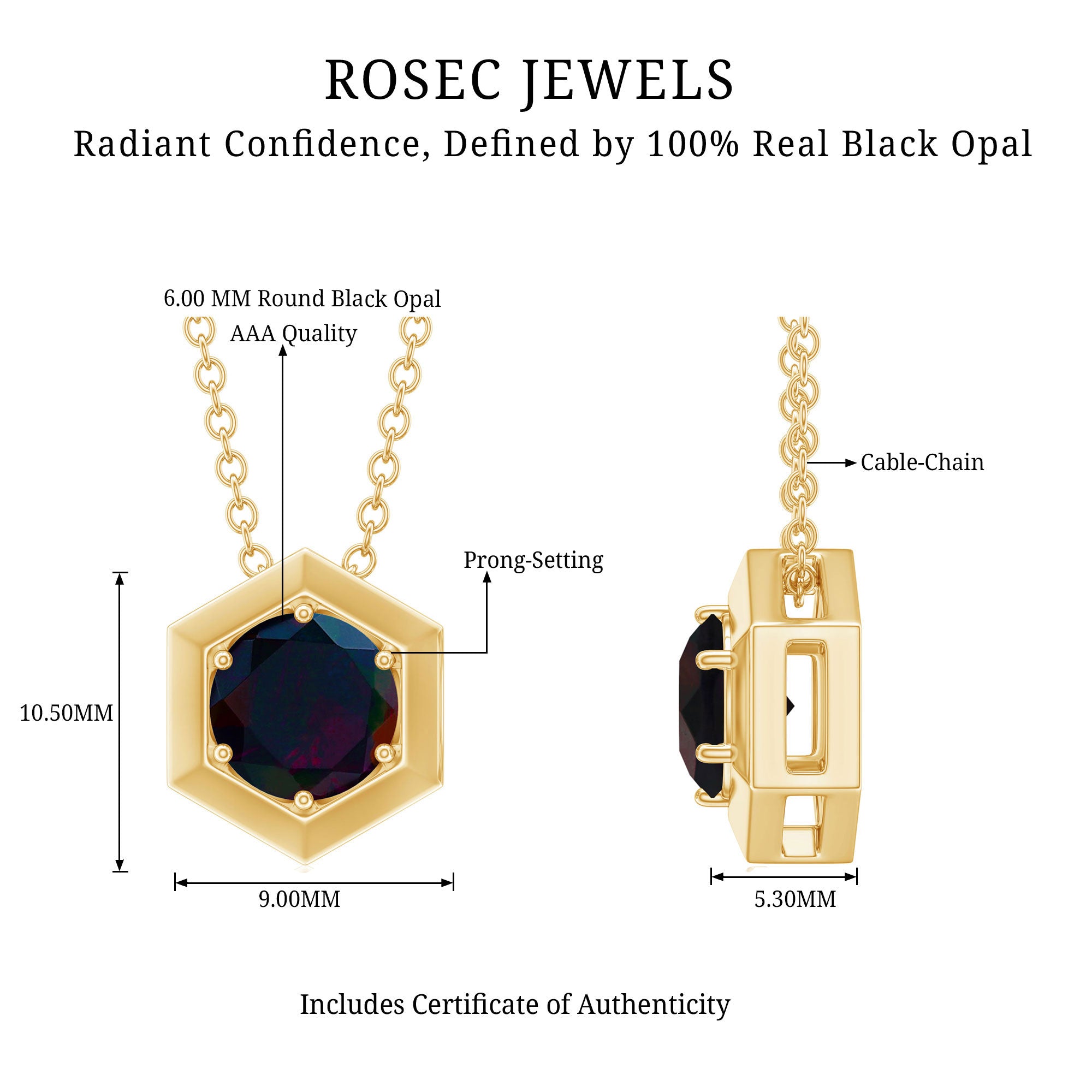 Natural Black Opal Hexagon Pendant Necklace With Chain AAA - Rosec Jewels