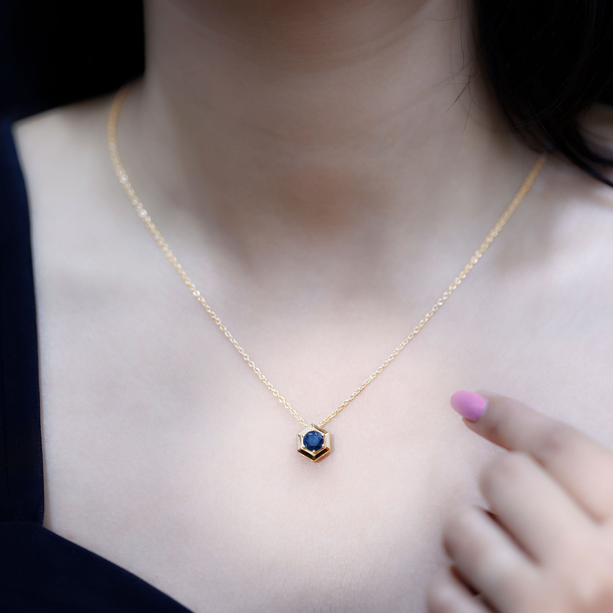 Natural Black Opal Hexagon Pendant Necklace With Chain AAA - Rosec Jewels