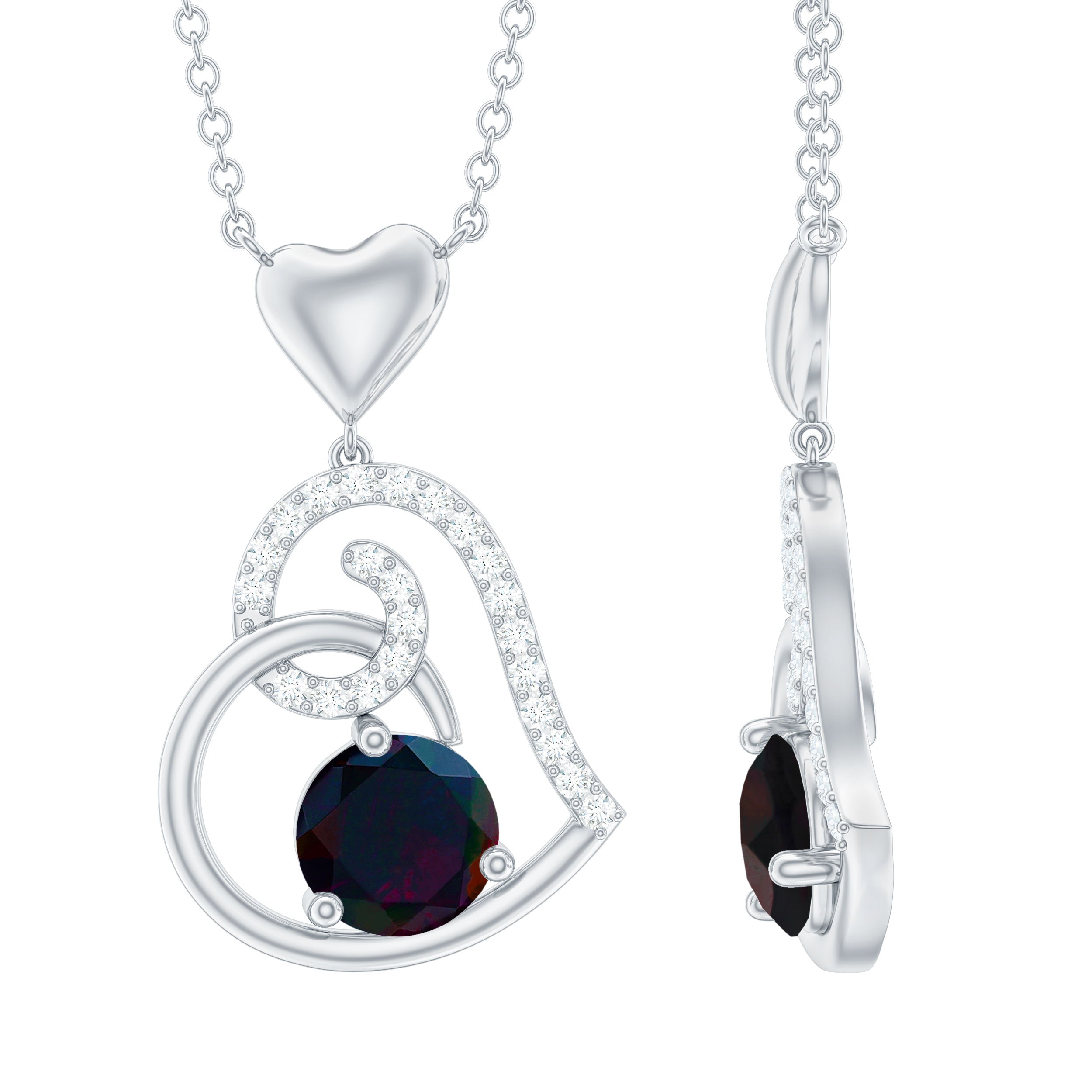 Genuine Black Opal and Moissanite Heart Drop Necklace