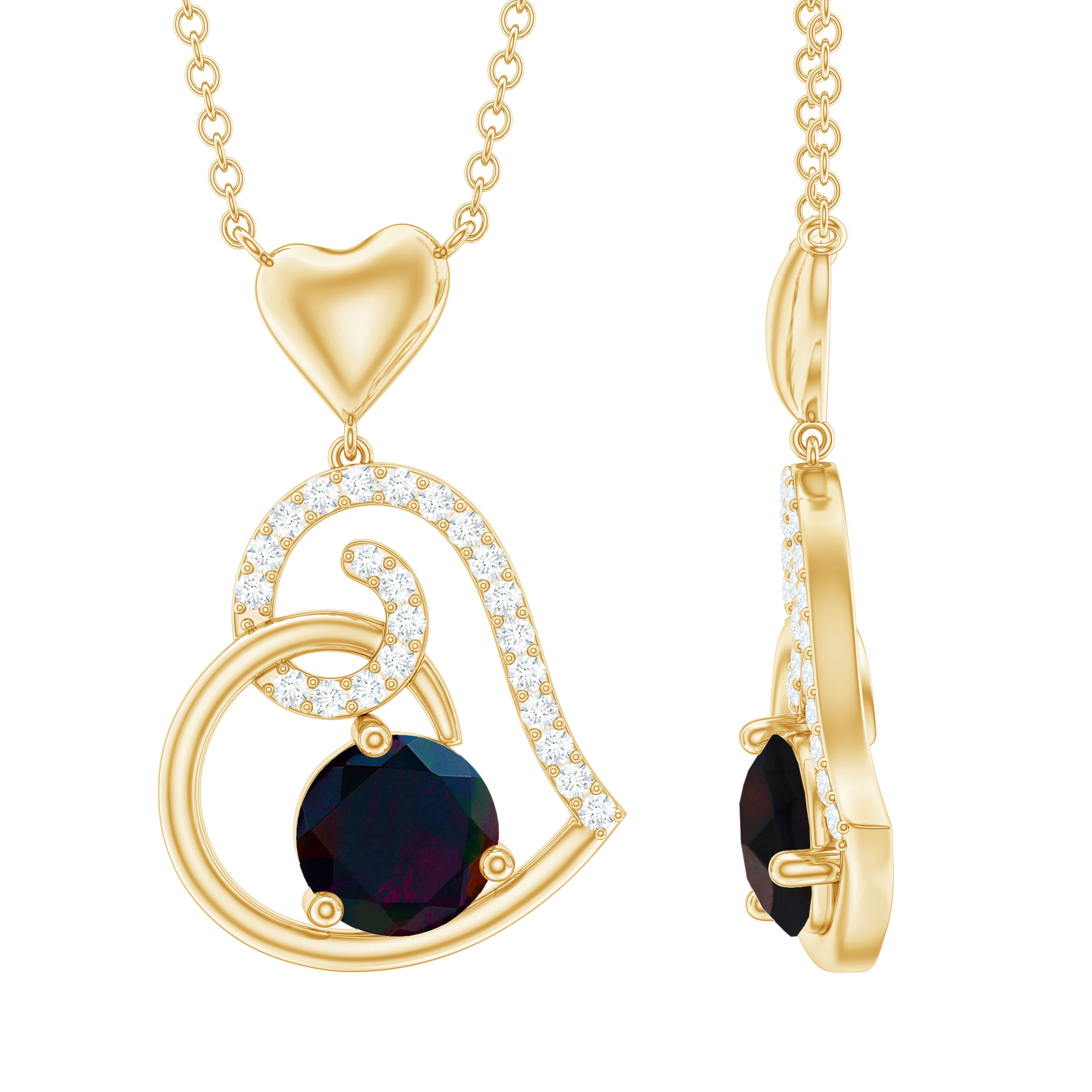 Genuine Black Opal and Moissanite Heart Drop Necklace AAA - Rosec Jewels