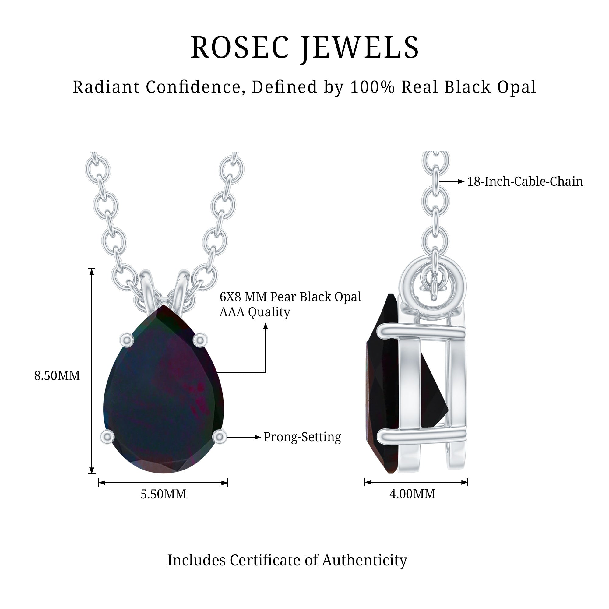 Natural Solitaire Black Opal Teardrop Necklace With Chain AAA - Rosec Jewels
