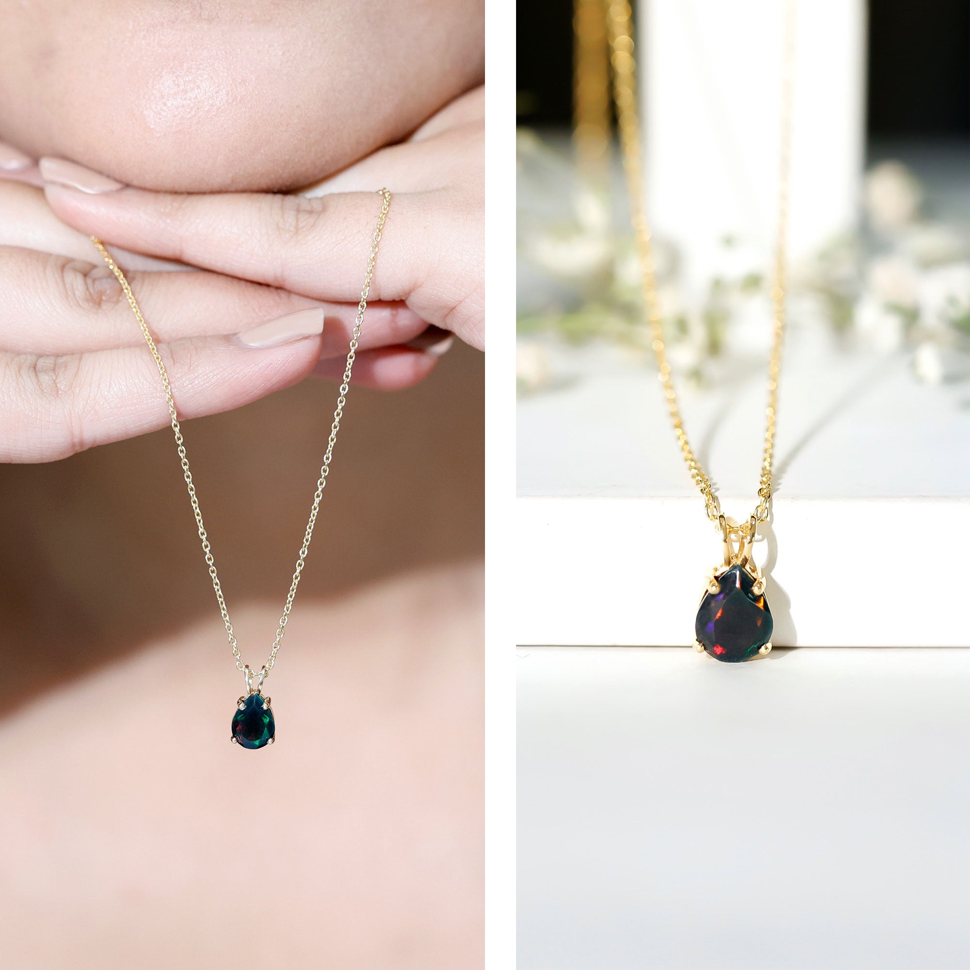 Natural Solitaire Black Opal Teardrop Necklace With Chain AAA - Rosec Jewels