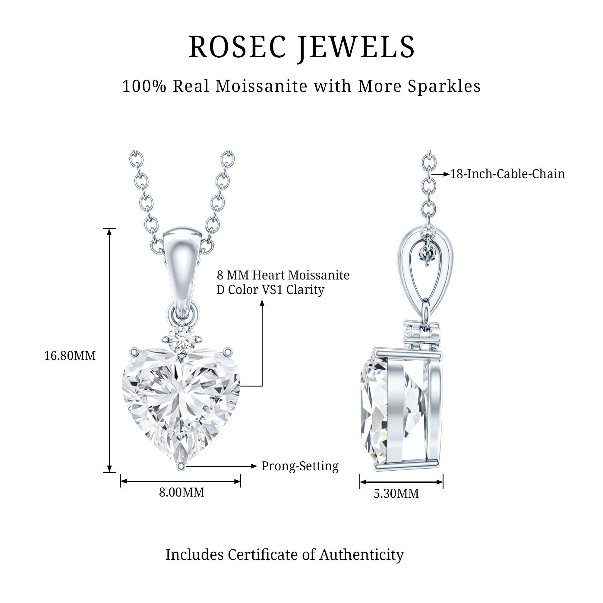 Certified 2 Carat Moissanite Solitaire Heart Necklace D-VS1 - Rosec Jewels