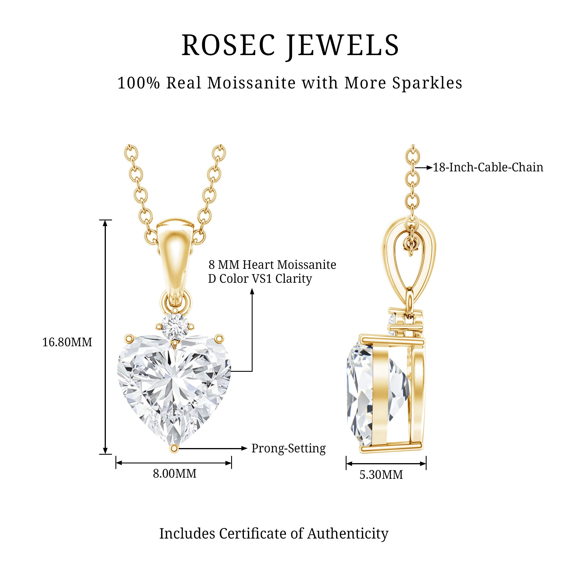 Certified 2 Carat Moissanite Solitaire Heart Necklace D-VS1 - Rosec Jewels