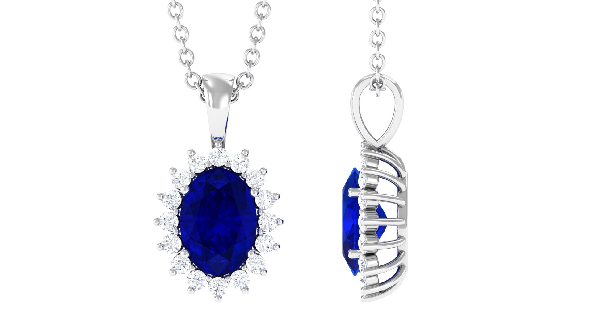 1.5 Carat Oval Shape Lab Grown Blue Sapphire Princess Diana Inspired Necklace AAAA - Rosec Jewels