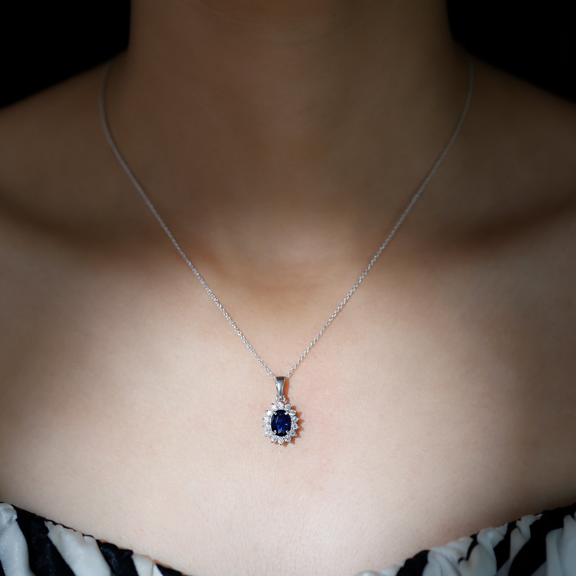 1.5 Carat Oval Shape Lab Grown Blue Sapphire Princess Diana Inspired Necklace AAAA - Rosec Jewels