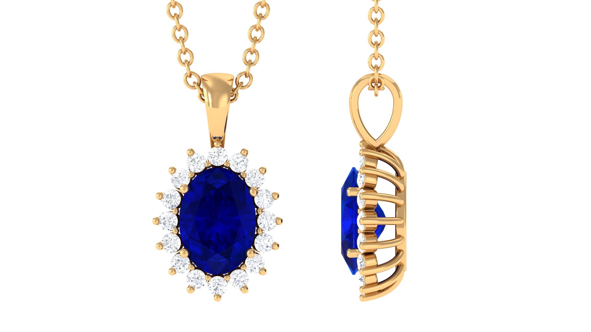 1.5 Carat Oval Shape Lab Grown Blue Sapphire Princess Diana Inspired Necklace AAAA - Rosec Jewels