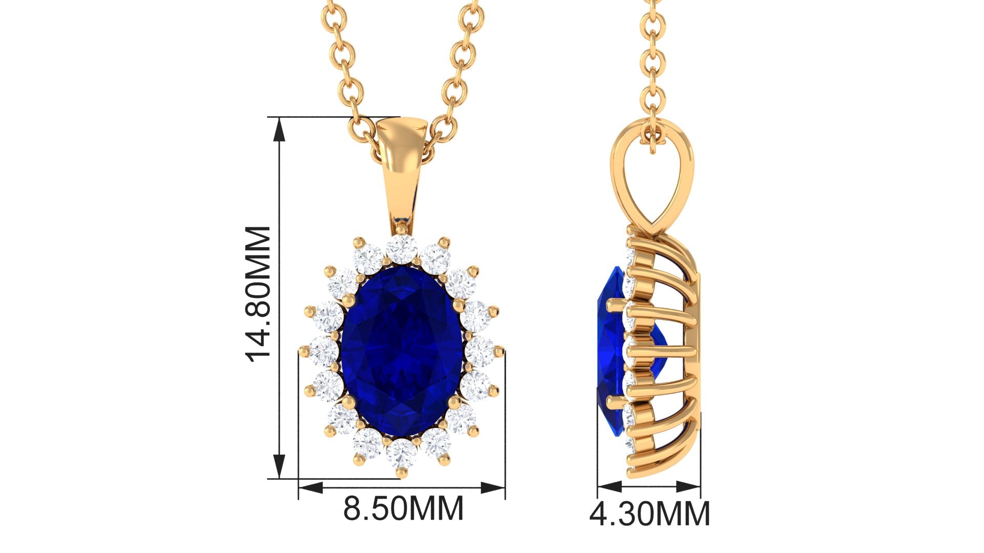 1.5 Carat Oval Shape Lab Grown Blue Sapphire Princess Diana Inspired Necklace AAAA - Rosec Jewels