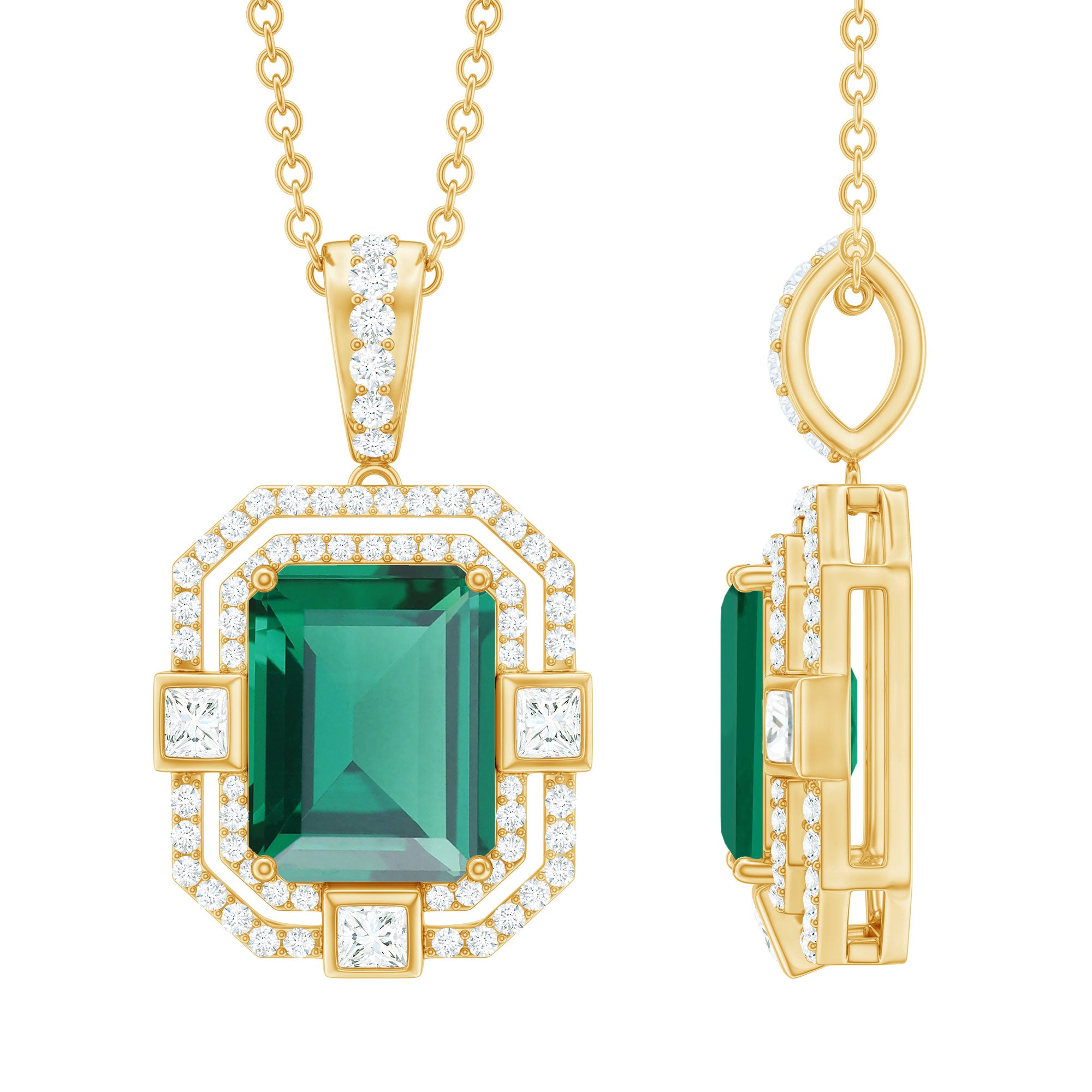 Octagon Cut Lab Created Emerald Vintage Necklace With Chain AAAA - Rosec Jewels
