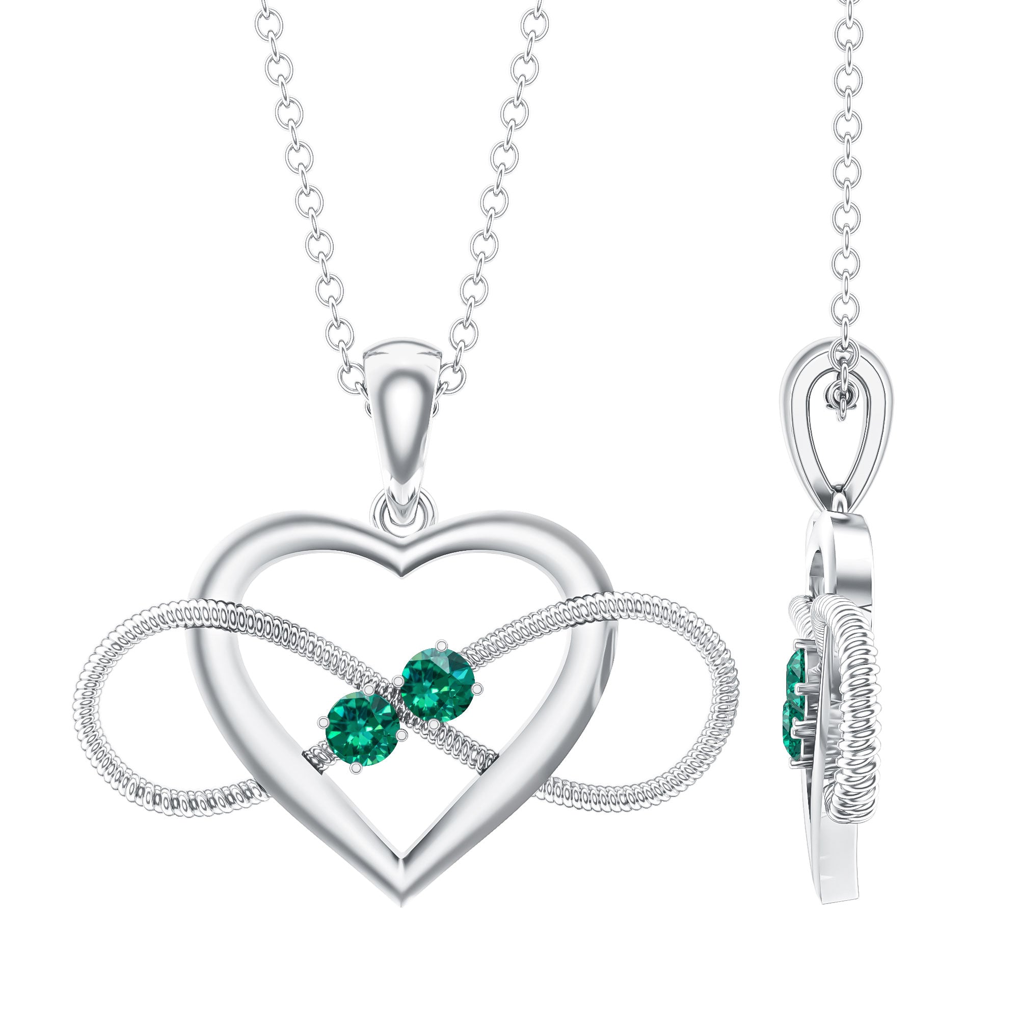 Lab Created Emerald Heart and Infinity Pendant Necklace AAAA - Rosec Jewels