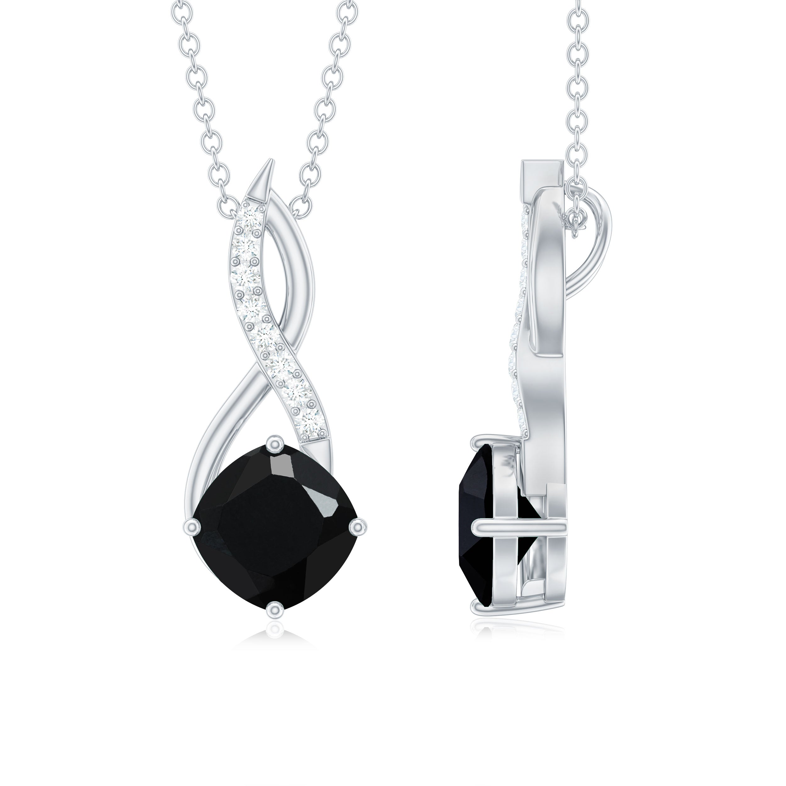 Cushion Cut Black Onyx Solitaire Infinity Necklace with Lab Diamond AAA - Rosec Jewels