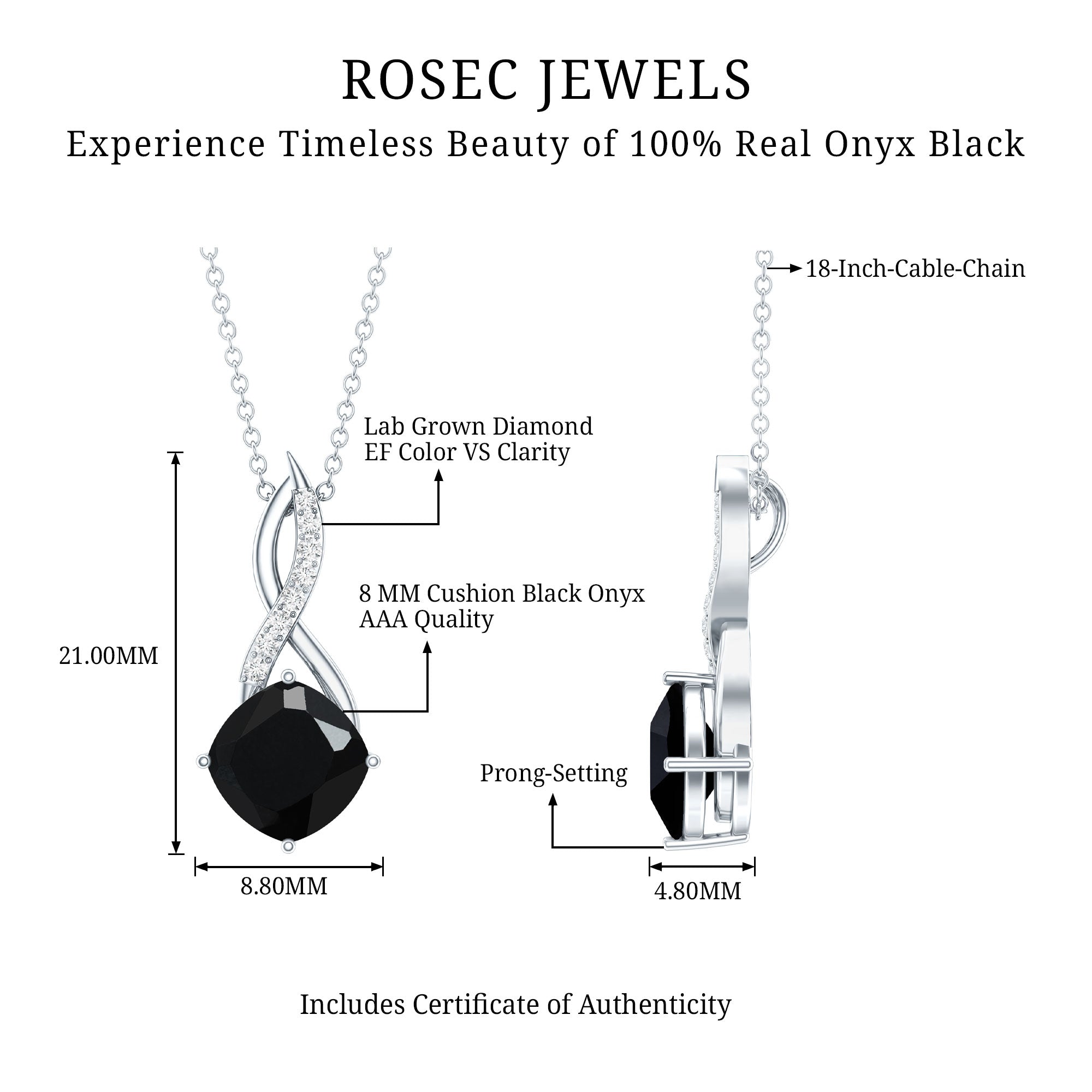 Cushion Cut Black Onyx Solitaire Infinity Necklace with Lab Diamond AAA - Rosec Jewels