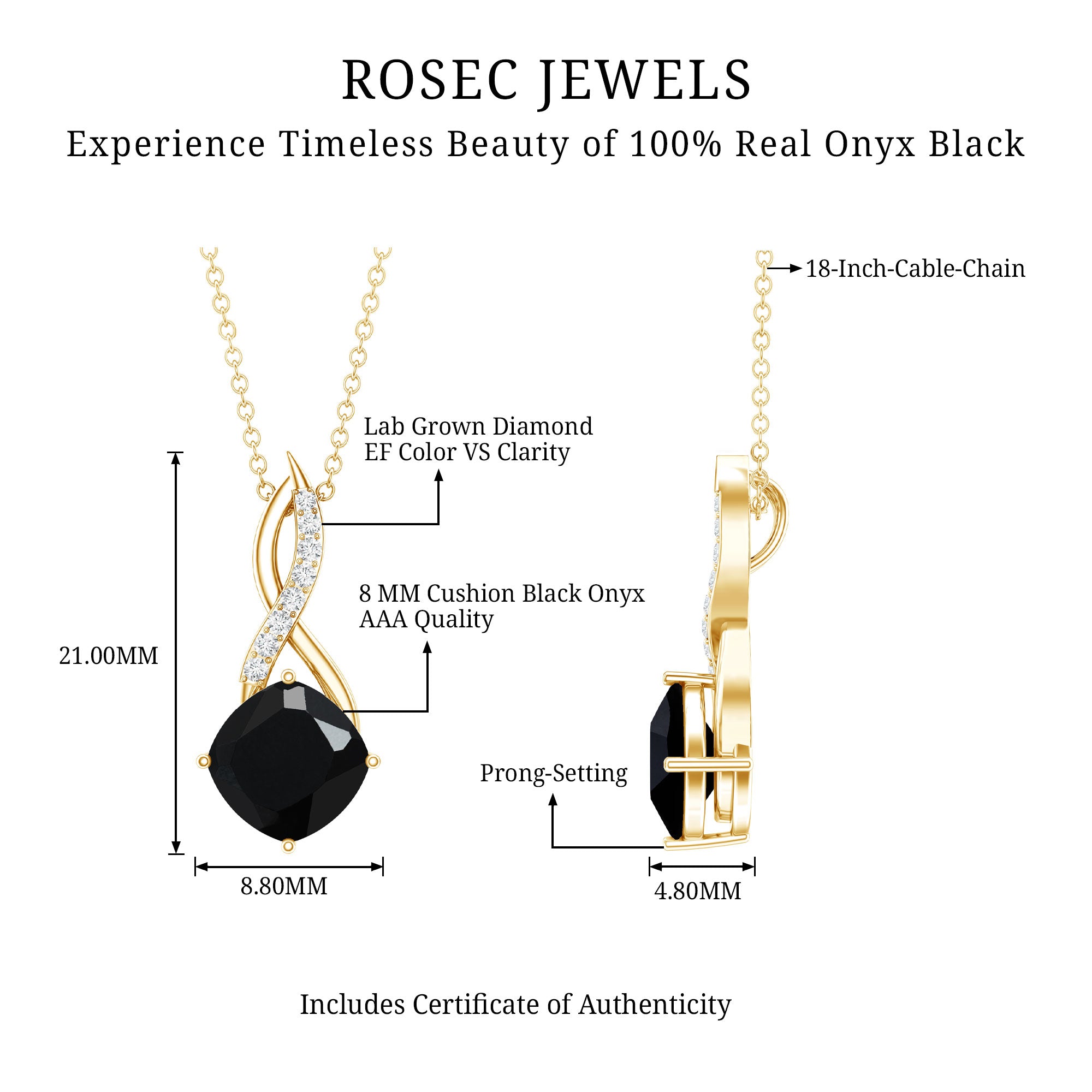 Cushion Cut Black Onyx Solitaire Infinity Necklace with Lab Diamond AAA - Rosec Jewels
