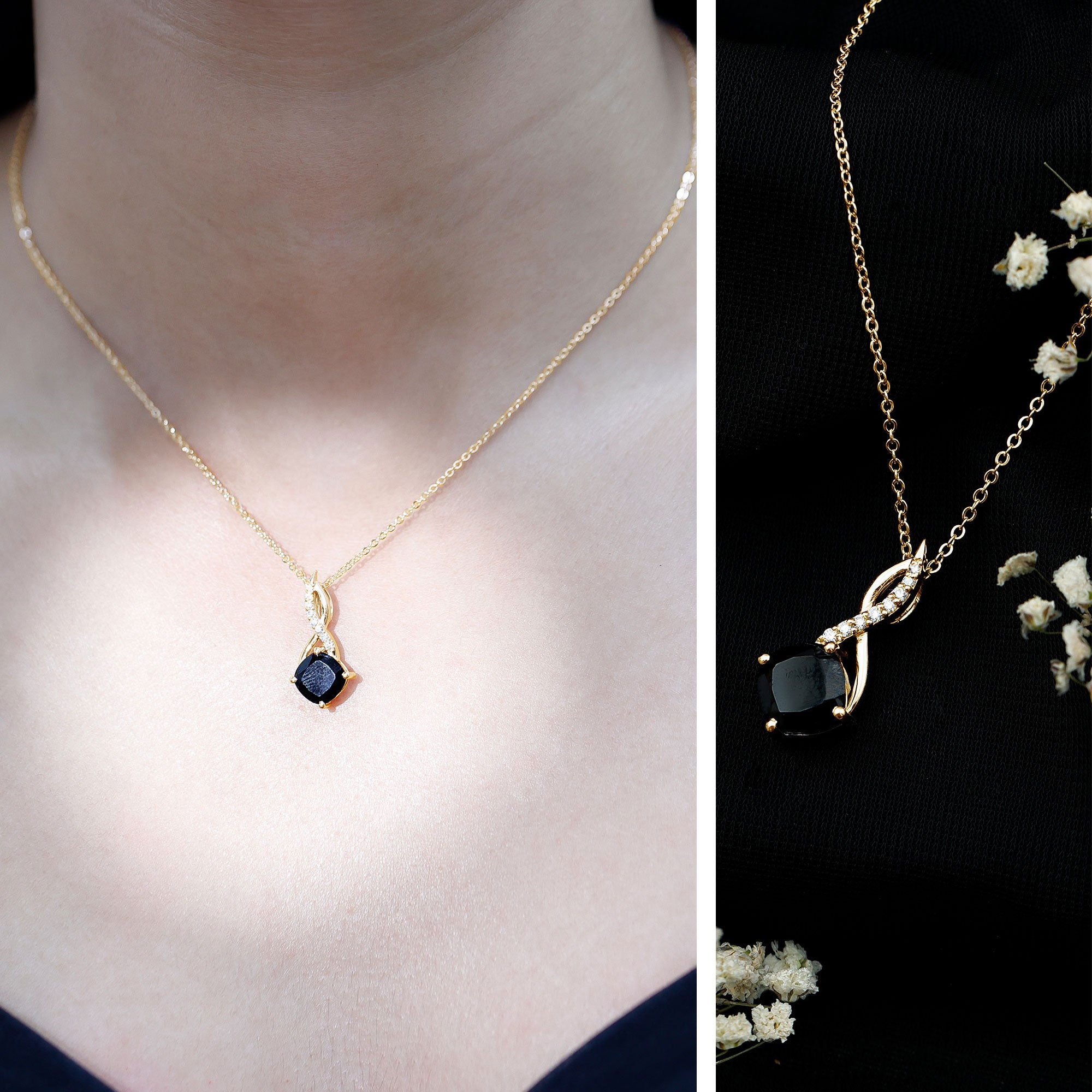 Cushion Cut Black Onyx Solitaire Infinity Necklace with Lab Diamond AAA - Rosec Jewels