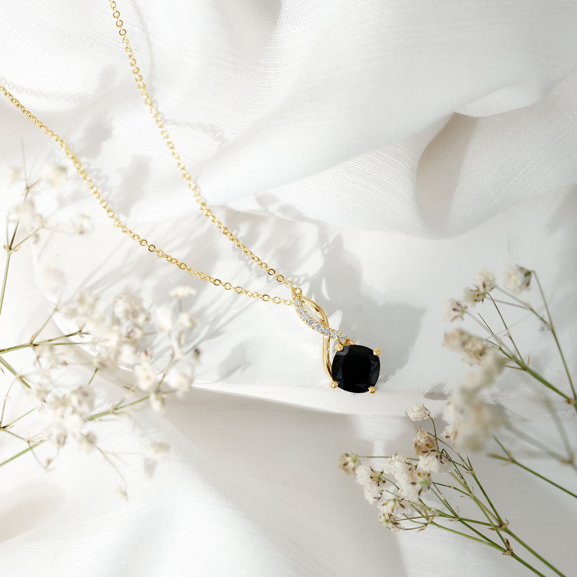 Cushion Cut Black Onyx Solitaire Infinity Necklace with Lab Diamond AAA - Rosec Jewels