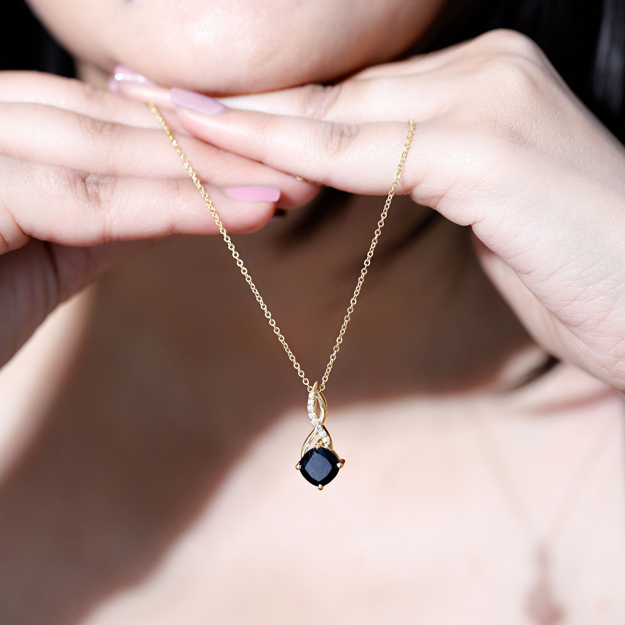 Cushion Cut Black Onyx Solitaire Infinity Necklace with Lab Diamond AAA - Rosec Jewels