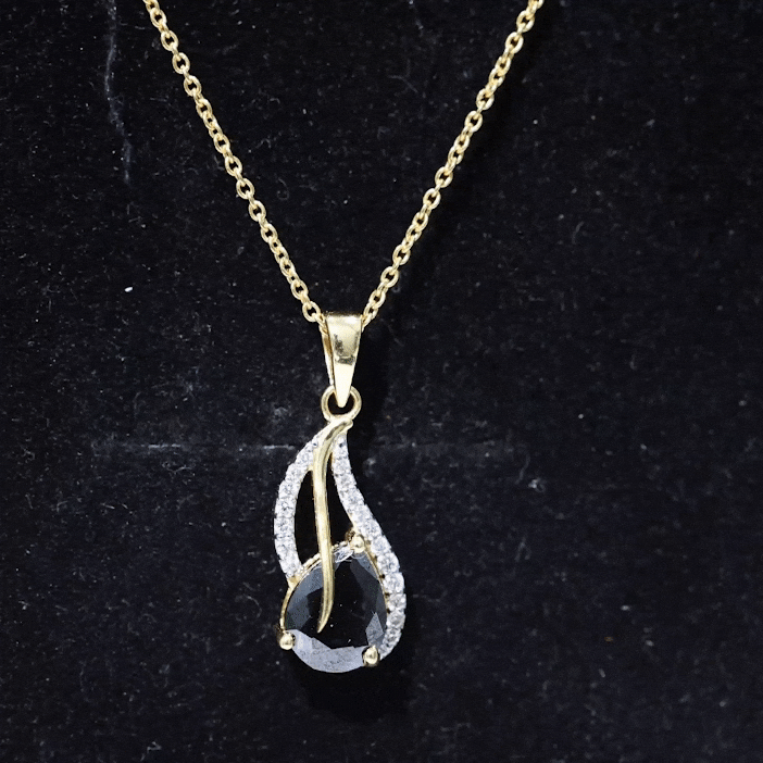 Pear Shaped Black Onyx and Diamond Leaf Pendant Necklace AAA - Rosec Jewels