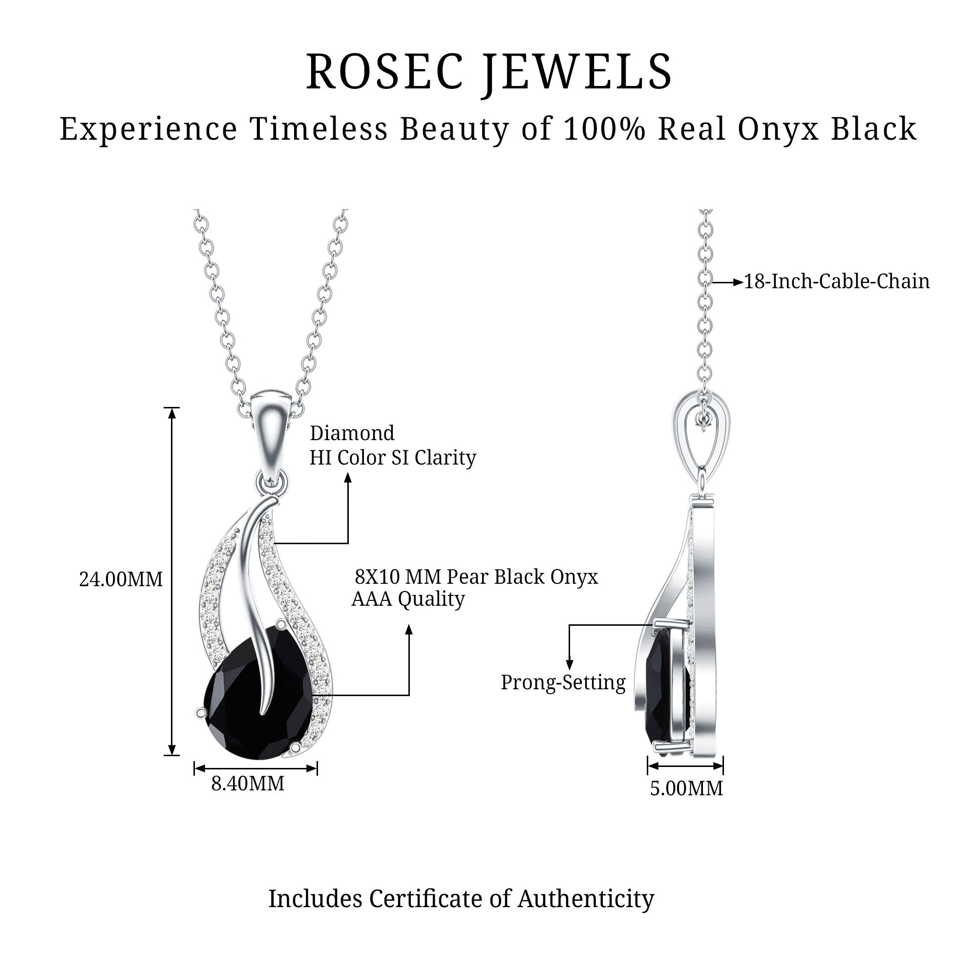 Pear Shaped Black Onyx and Diamond Leaf Pendant Necklace AAA - Rosec Jewels