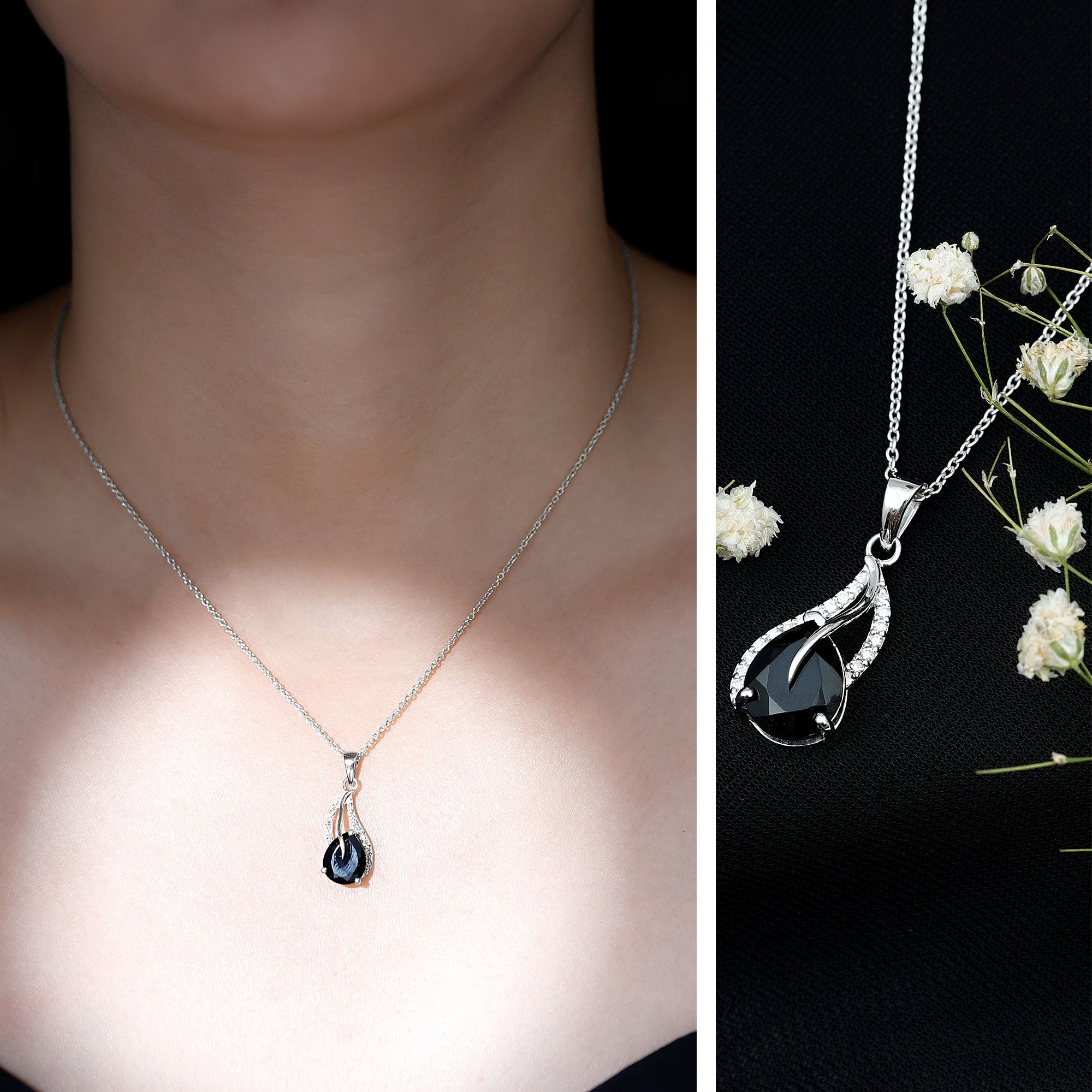 Pear Shaped Black Onyx and Diamond Leaf Pendant Necklace AAA - Rosec Jewels
