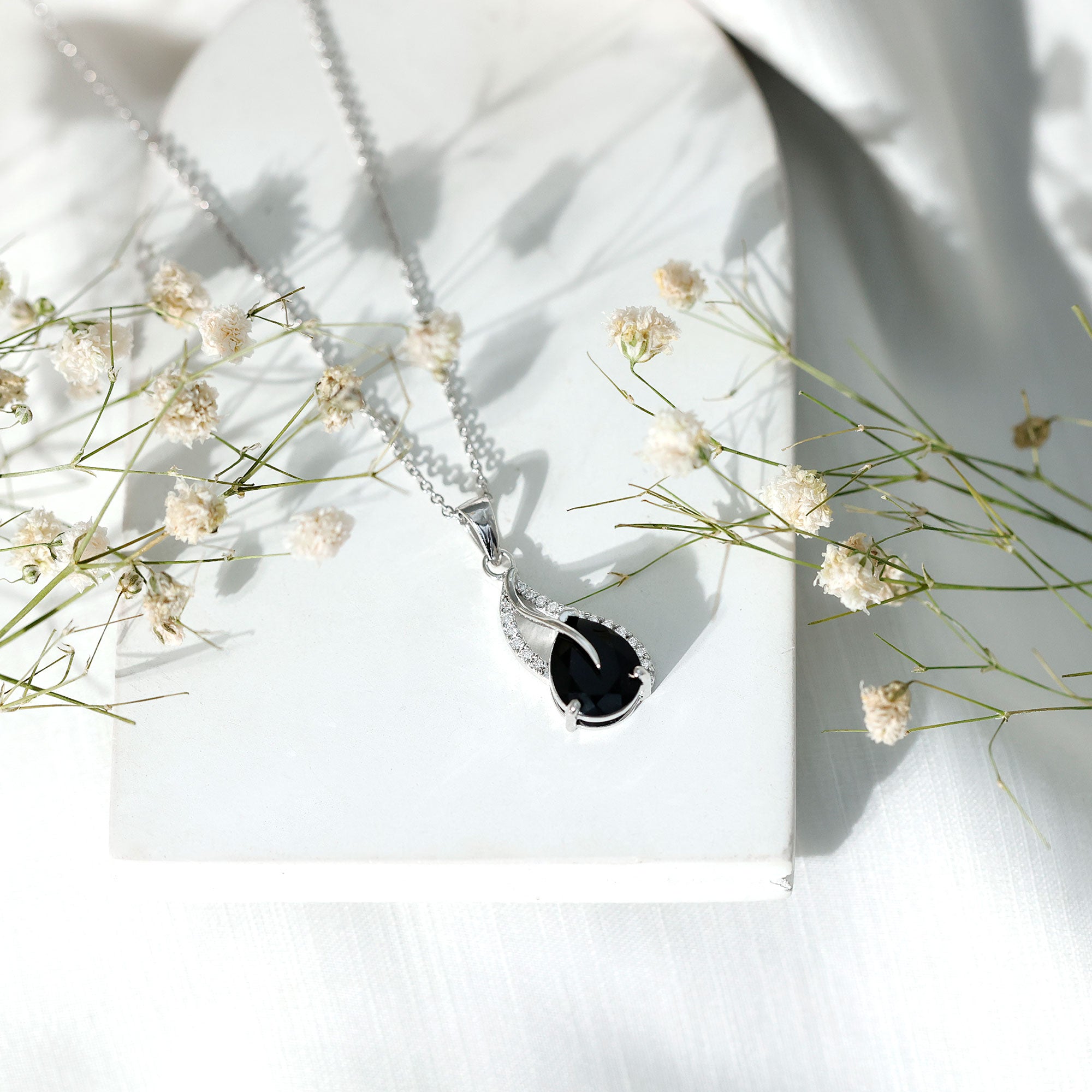 Pear Shaped Black Onyx and Diamond Leaf Pendant Necklace AAA - Rosec Jewels