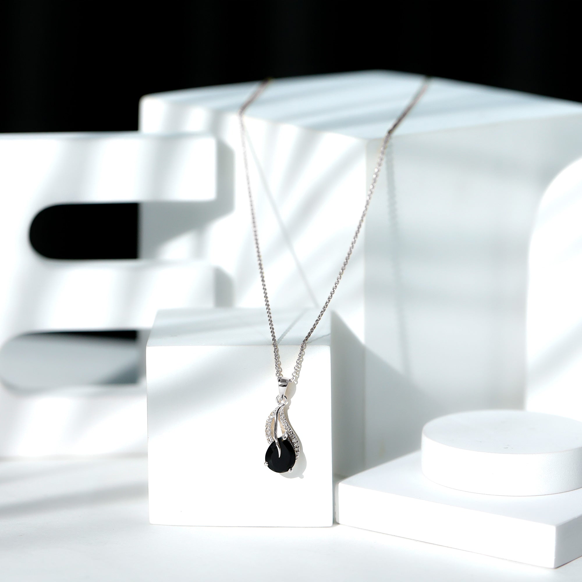 Pear Shaped Black Onyx and Diamond Leaf Pendant Necklace AAA - Rosec Jewels
