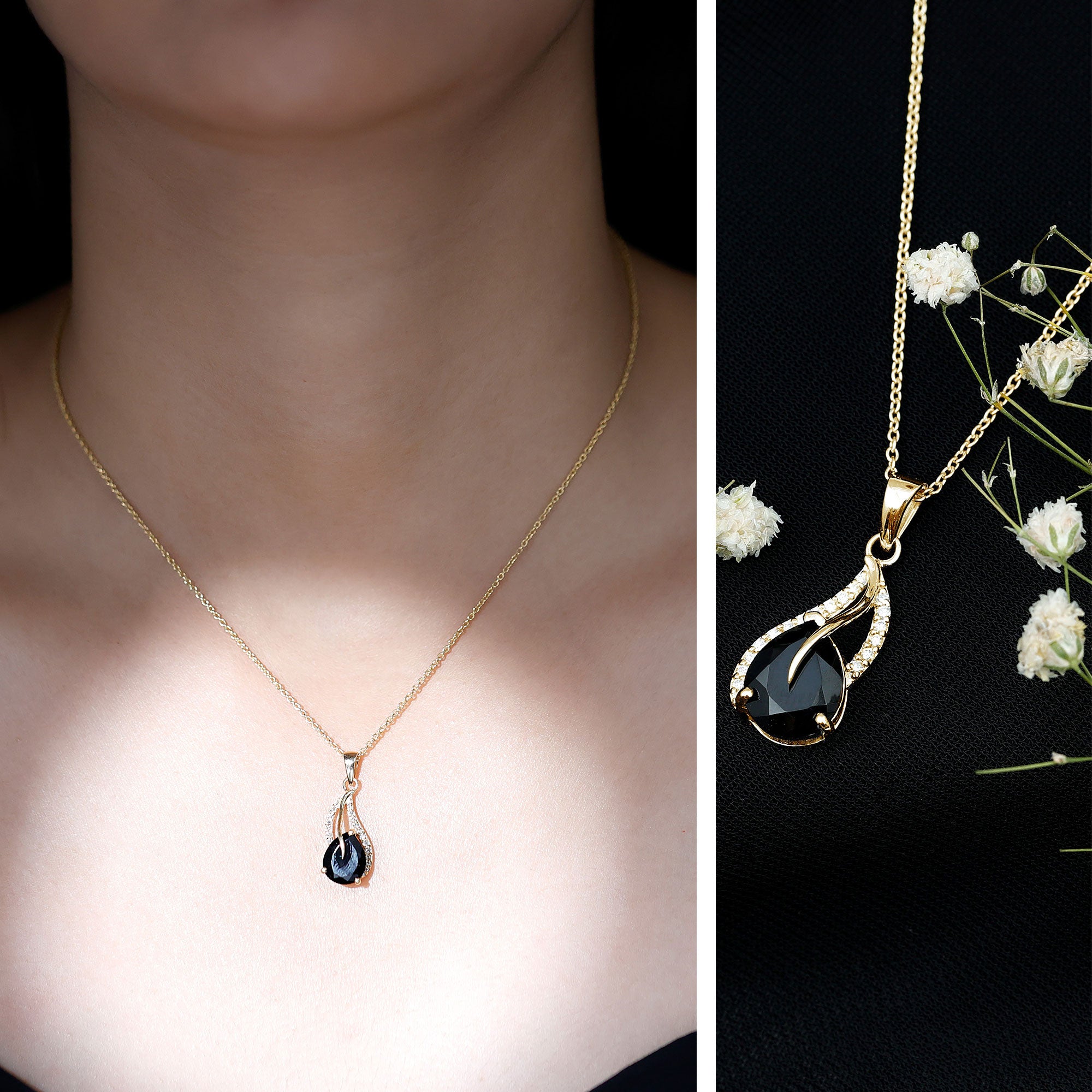 Pear Shaped Black Onyx and Diamond Leaf Pendant Necklace AAA - Rosec Jewels