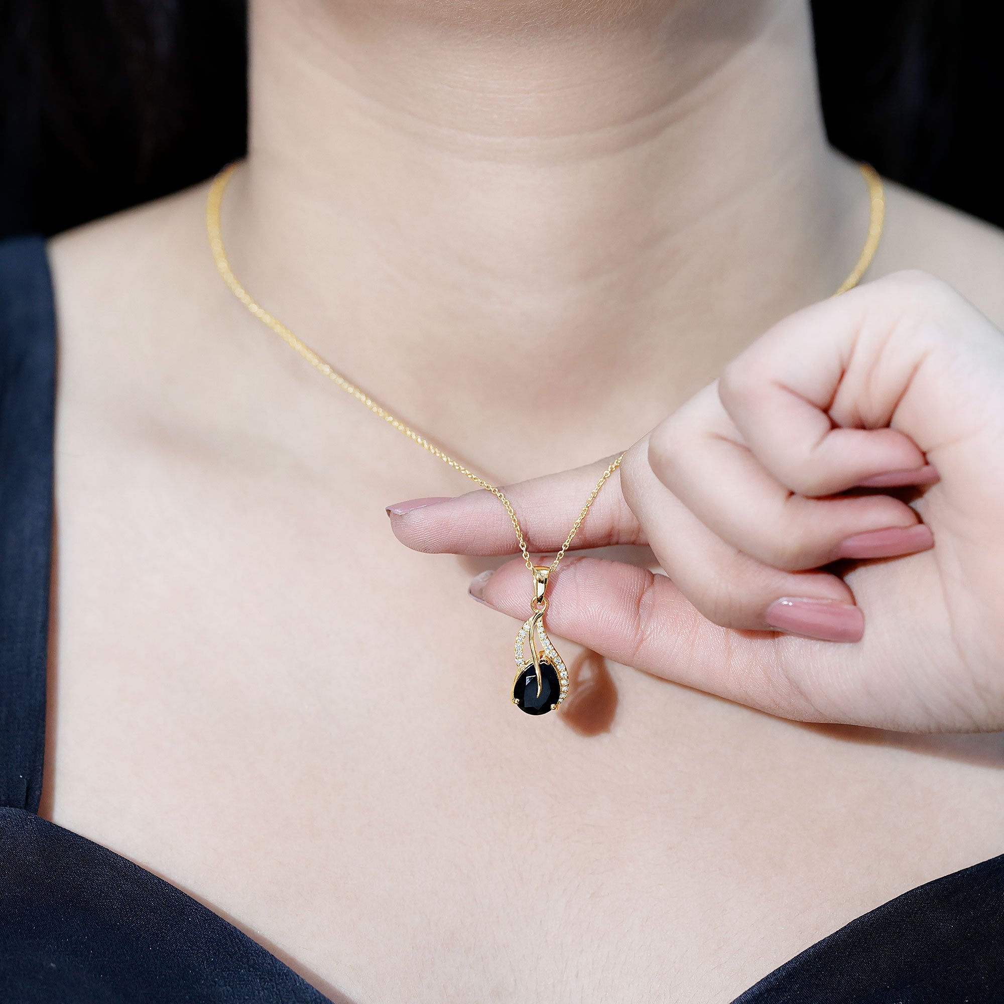 Pear Shaped Black Onyx and Diamond Leaf Pendant Necklace AAA - Rosec Jewels