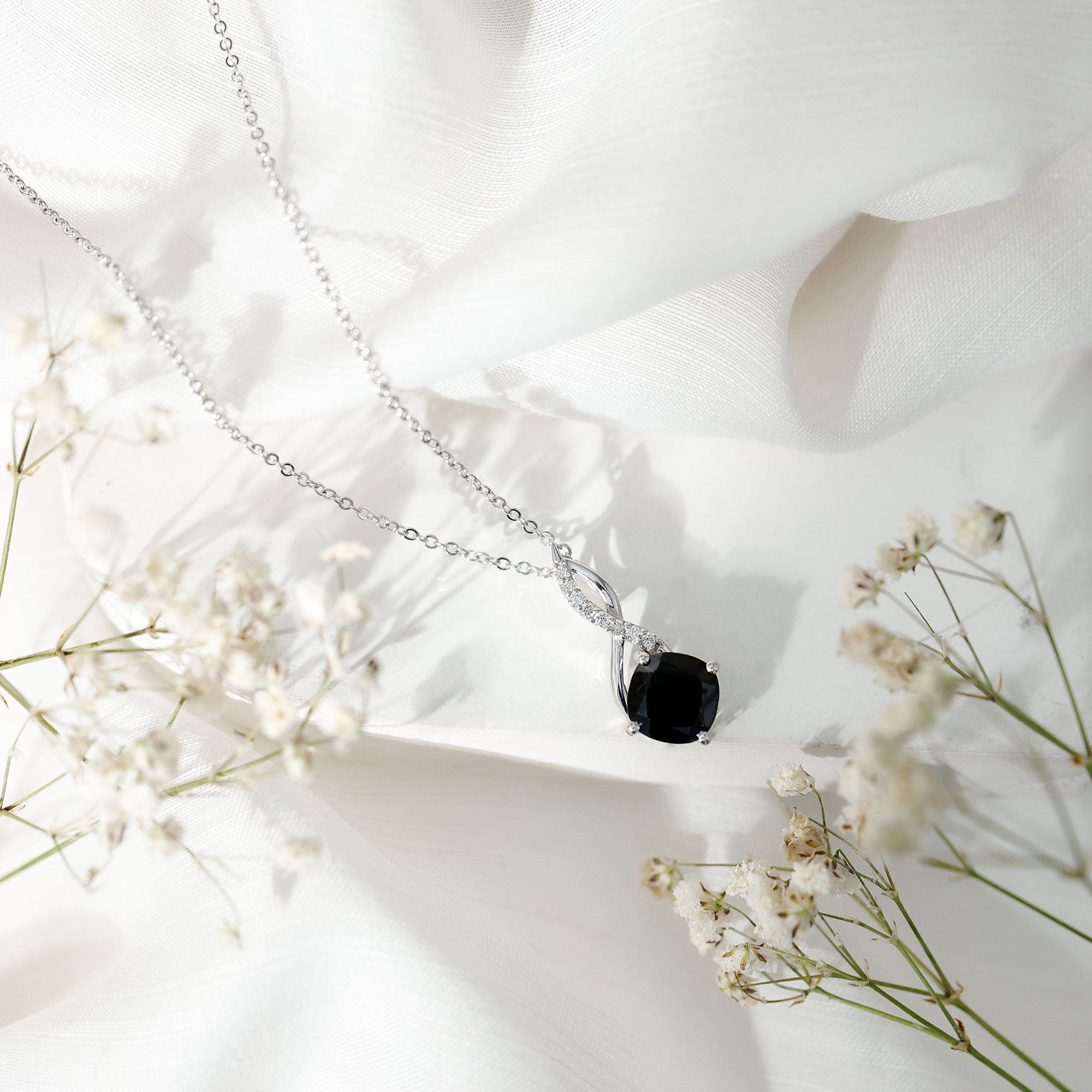 2 Carat Cushion Cut Black Spinel and Diamond Infinity Necklace AAA - Rosec Jewels