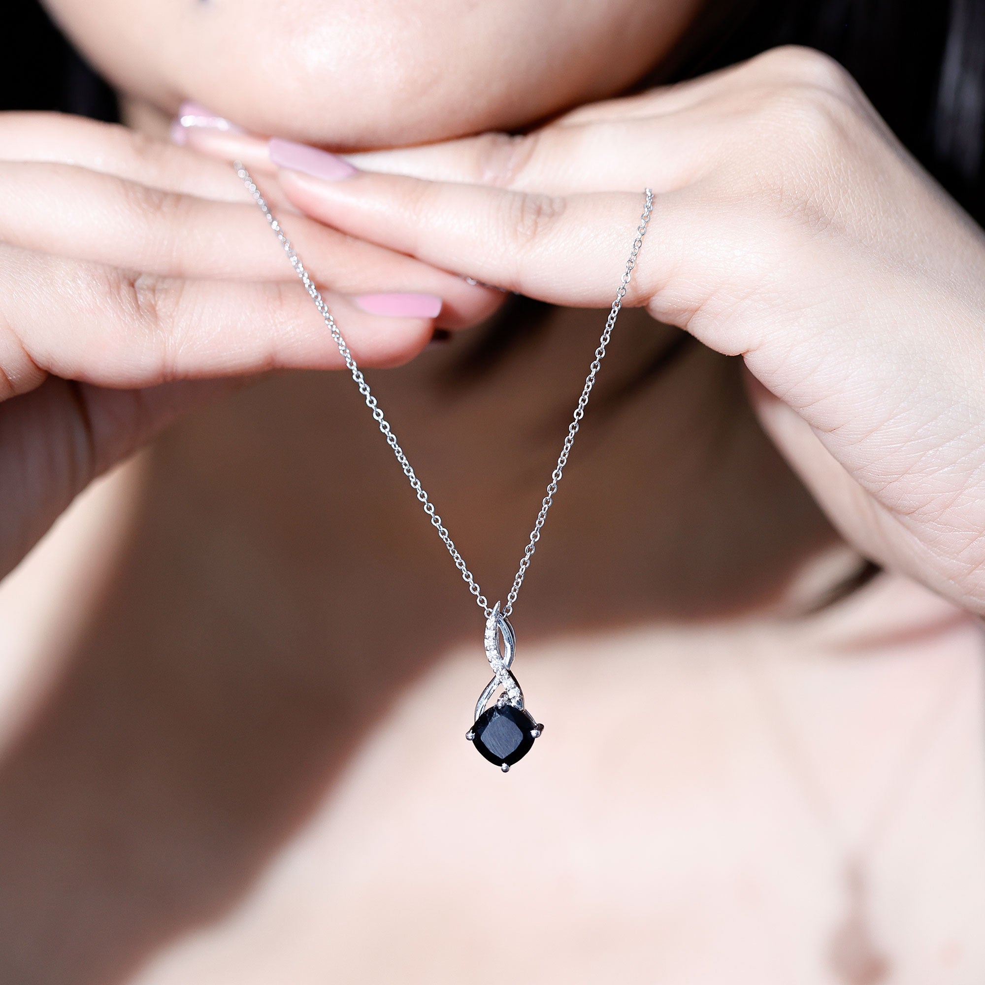 2 Carat Cushion Cut Black Spinel and Diamond Infinity Necklace AAA - Rosec Jewels