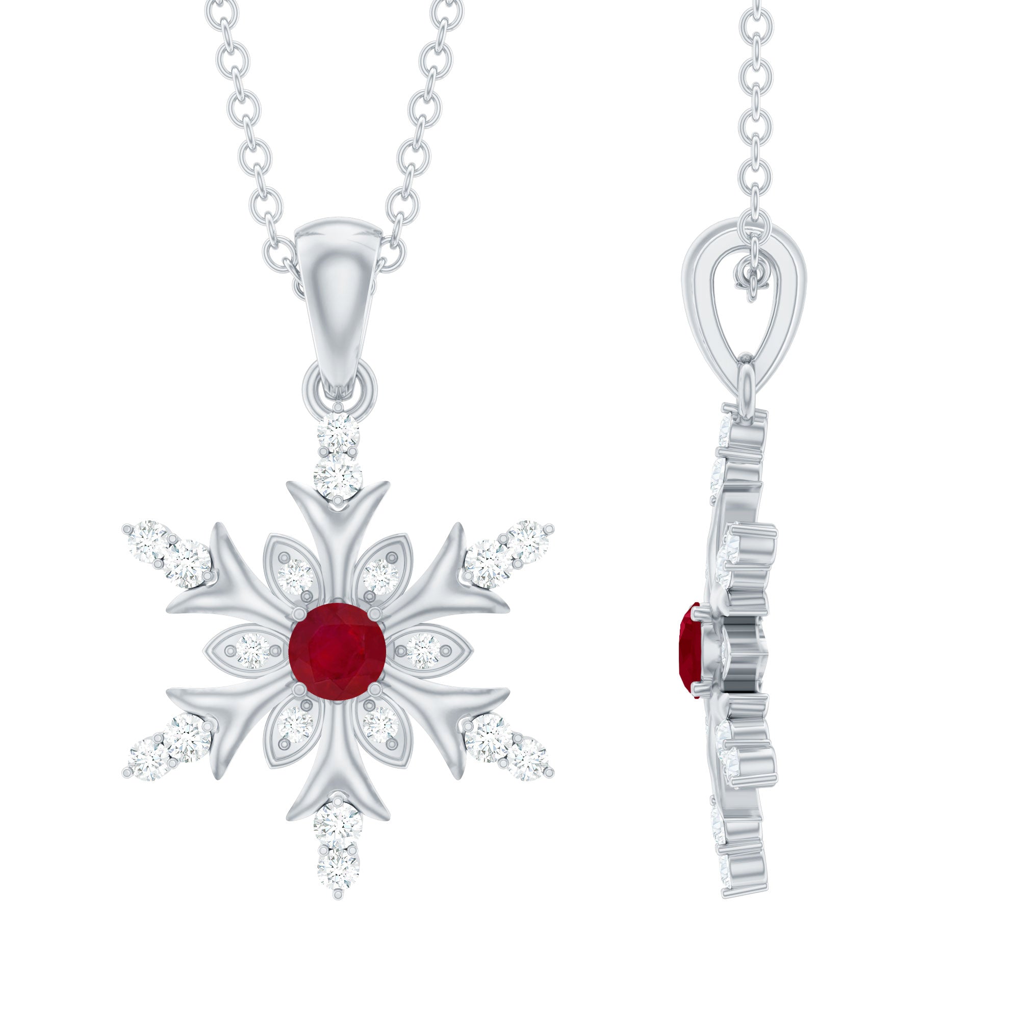 Classic Ruby and Diamond Snowflake Pendant Necklace