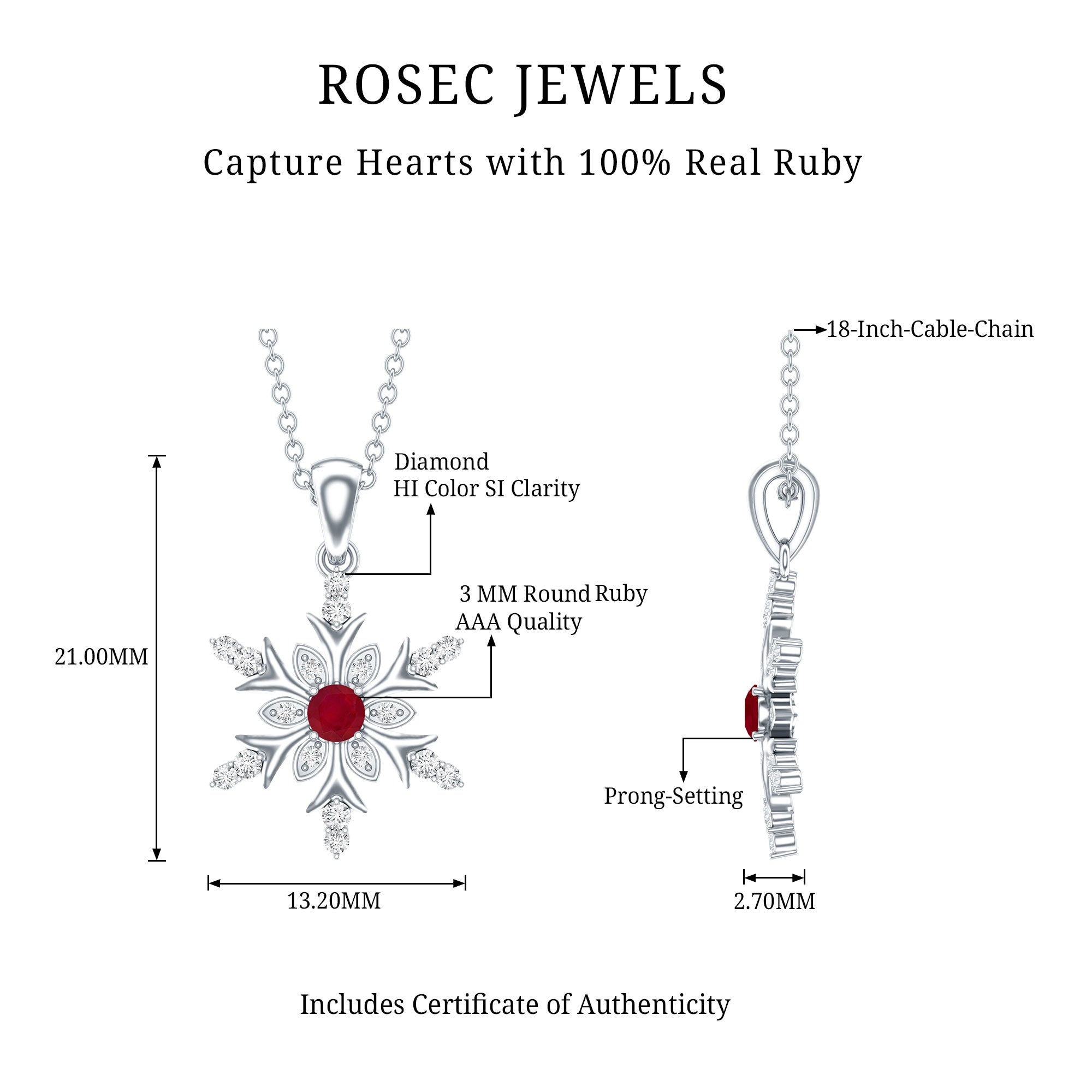 Natural Ruby and Diamond Snowflake Pendant Necklace AAA - Rosec Jewels