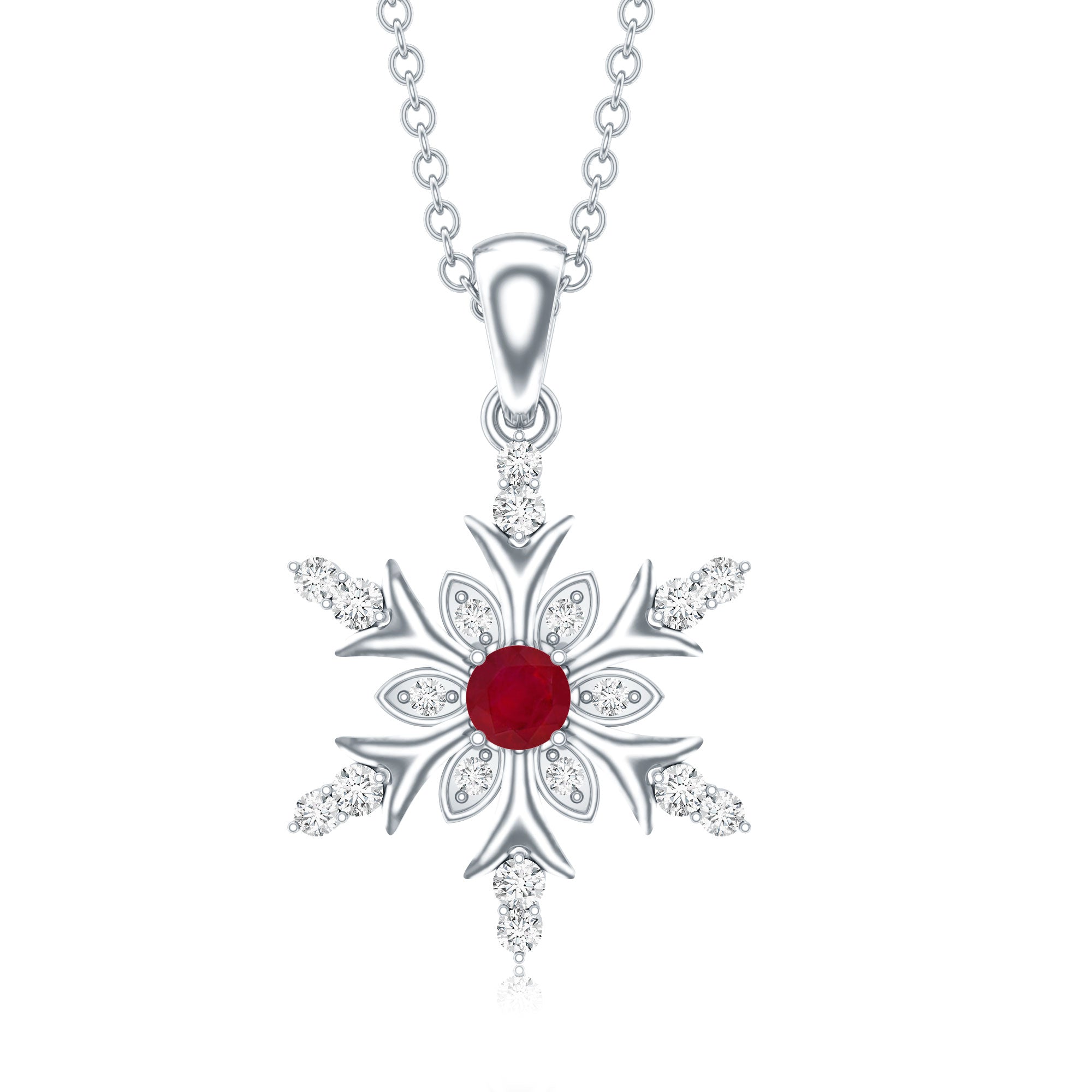 Natural Ruby and Diamond Snowflake Pendant Necklace AAA - Rosec Jewels
