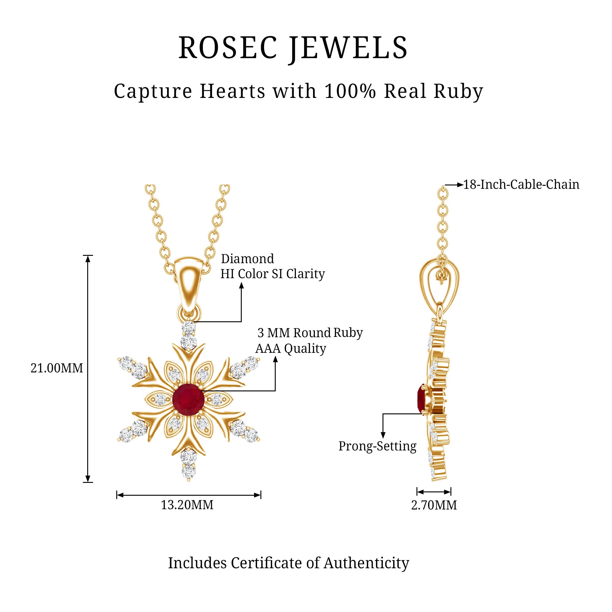 Natural Ruby and Diamond Snowflake Pendant Necklace AAA - Rosec Jewels