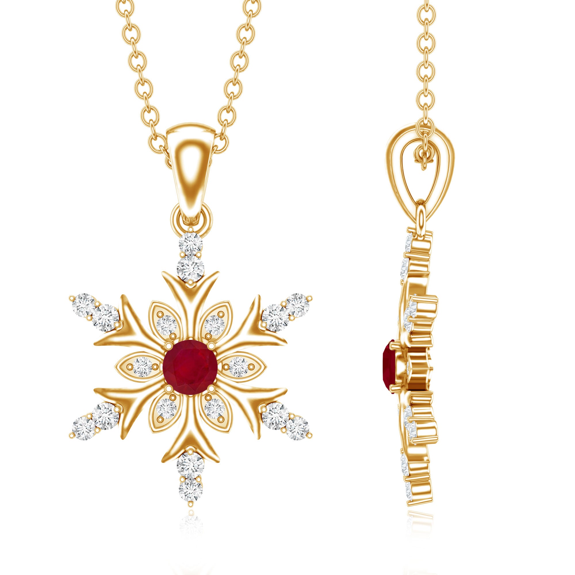 Natural Ruby and Diamond Snowflake Pendant Necklace AAA - Rosec Jewels