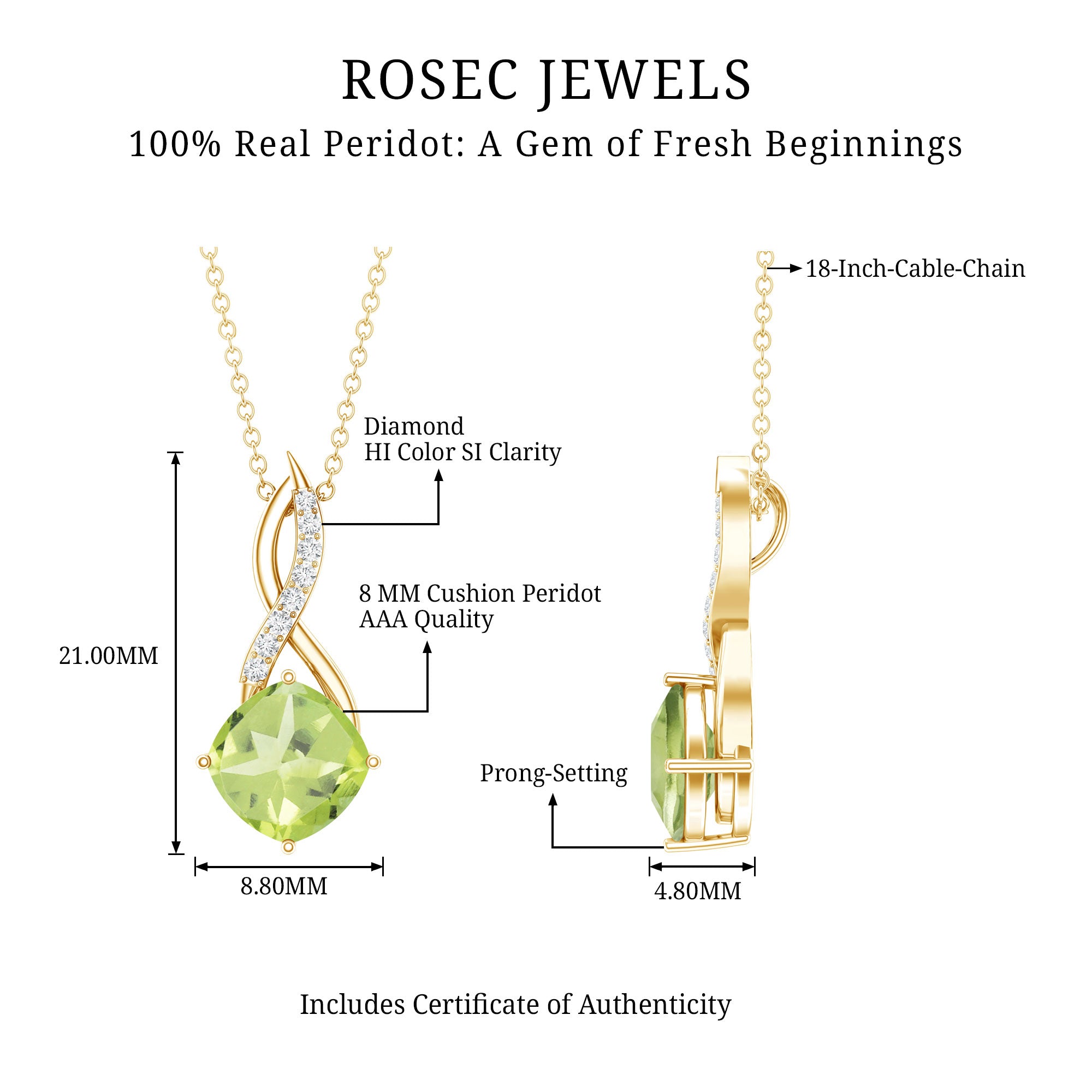 2 Carat Cushion Cut Peridot and Diamond Infinity Necklace AAA - Rosec Jewels