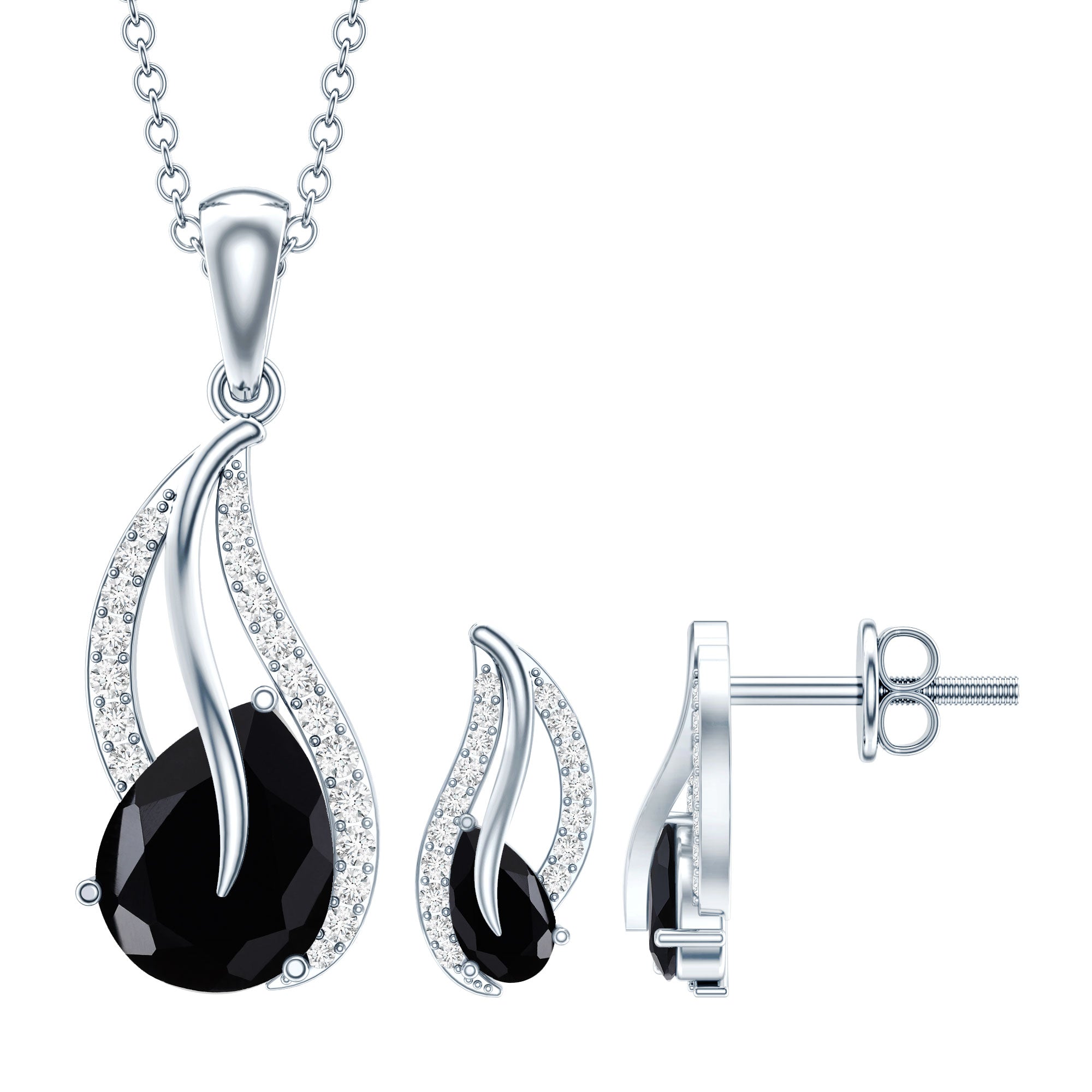 Pear Shaped Black Onyx Necklace and Earrings Set with Moissanite AAA - Rosec Jewels