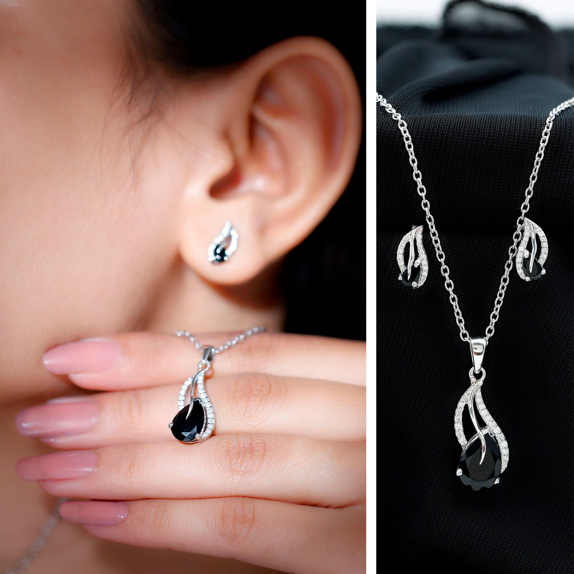 Pear Shaped Black Onyx Necklace and Earrings Set with Moissanite AAA - Rosec Jewels