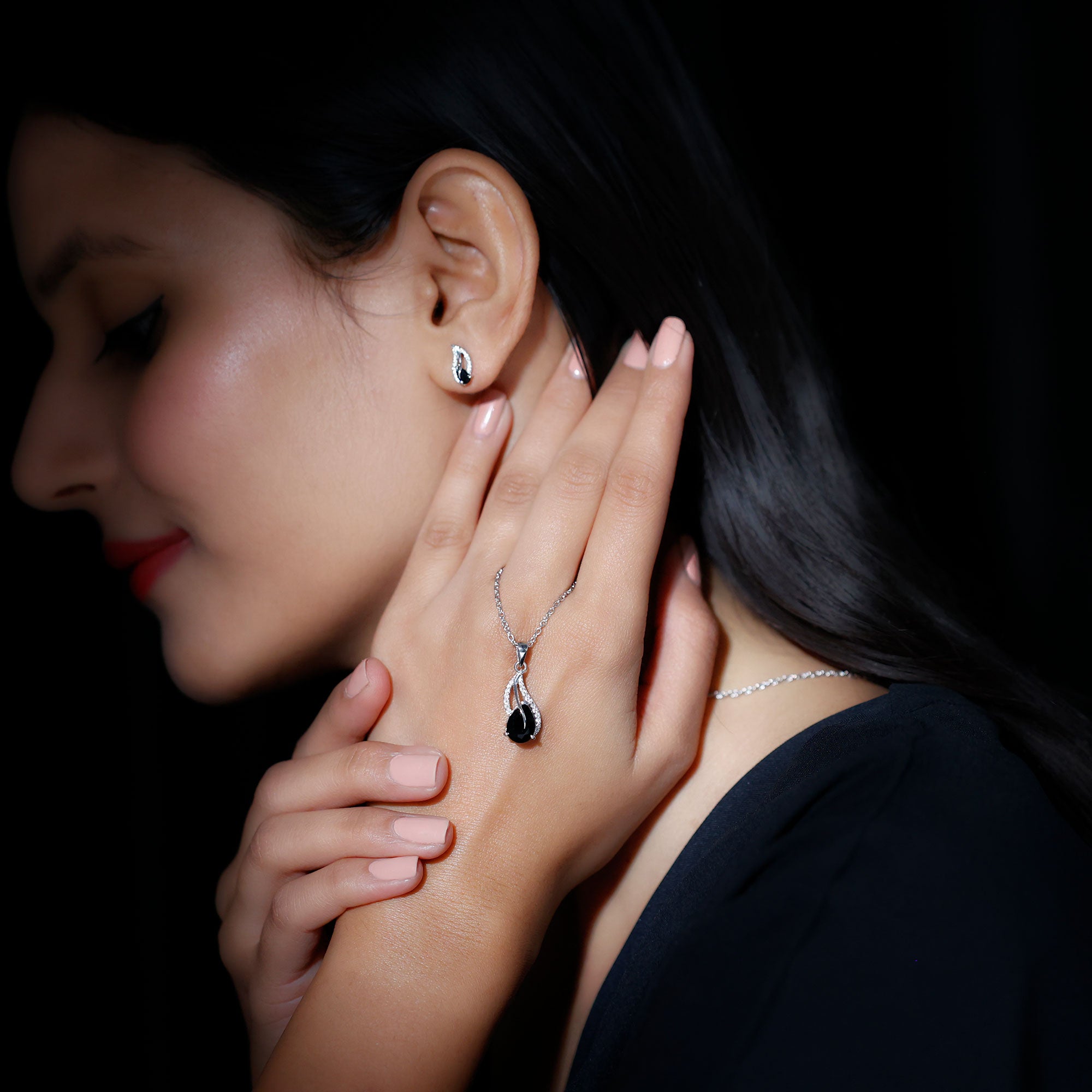 Pear Shaped Black Onyx Necklace and Earrings Set with Moissanite AAA - Rosec Jewels