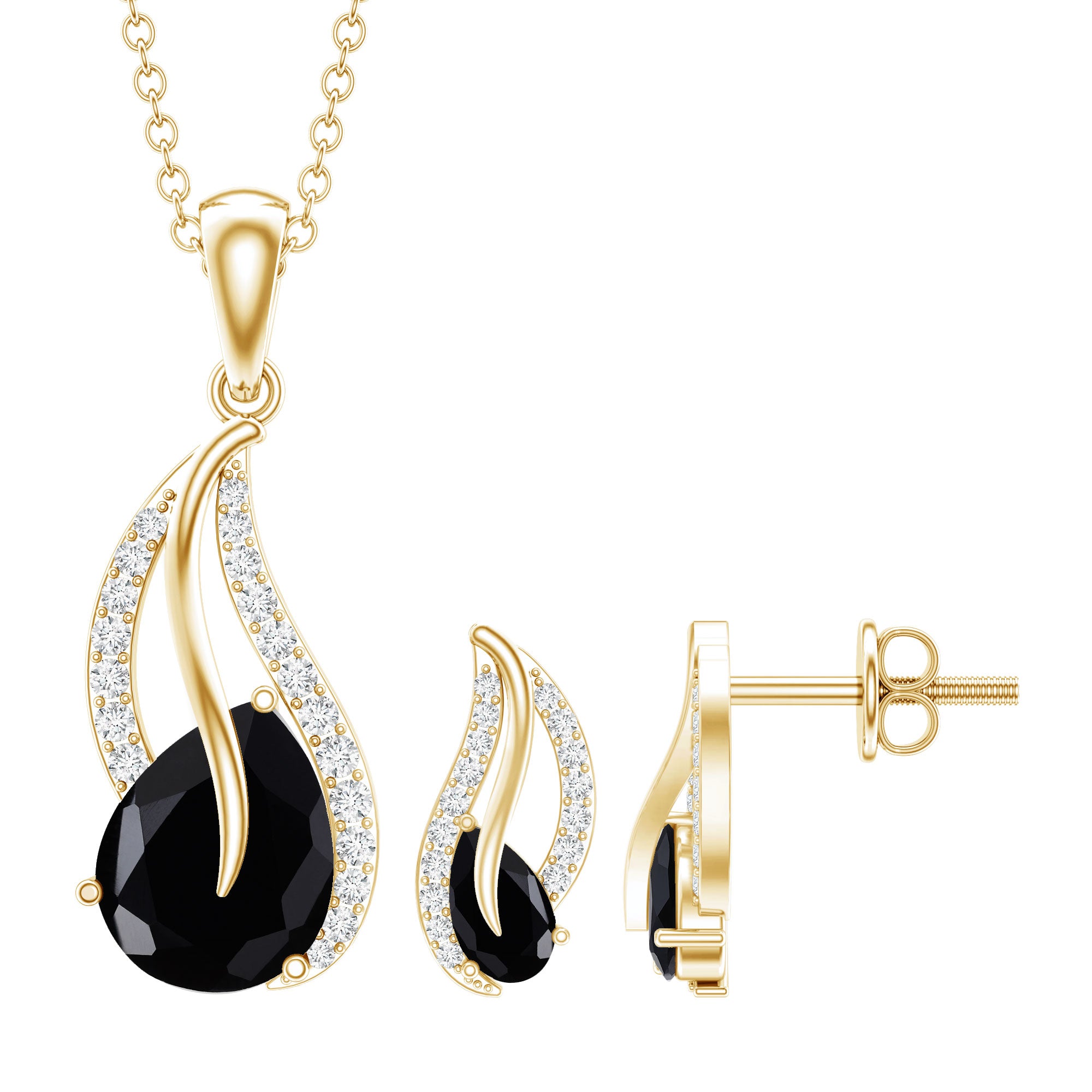 Pear Shaped Black Onyx Necklace and Earrings Set with Moissanite AAA - Rosec Jewels