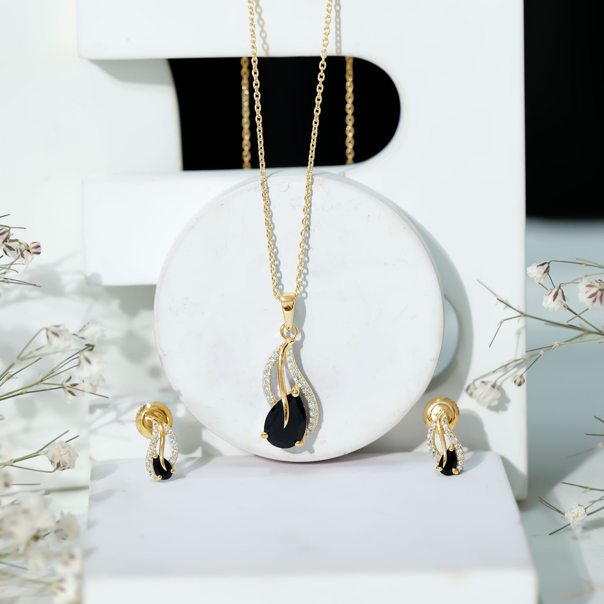 Pear Shaped Black Onyx Necklace and Earrings Set with Moissanite AAA - Rosec Jewels