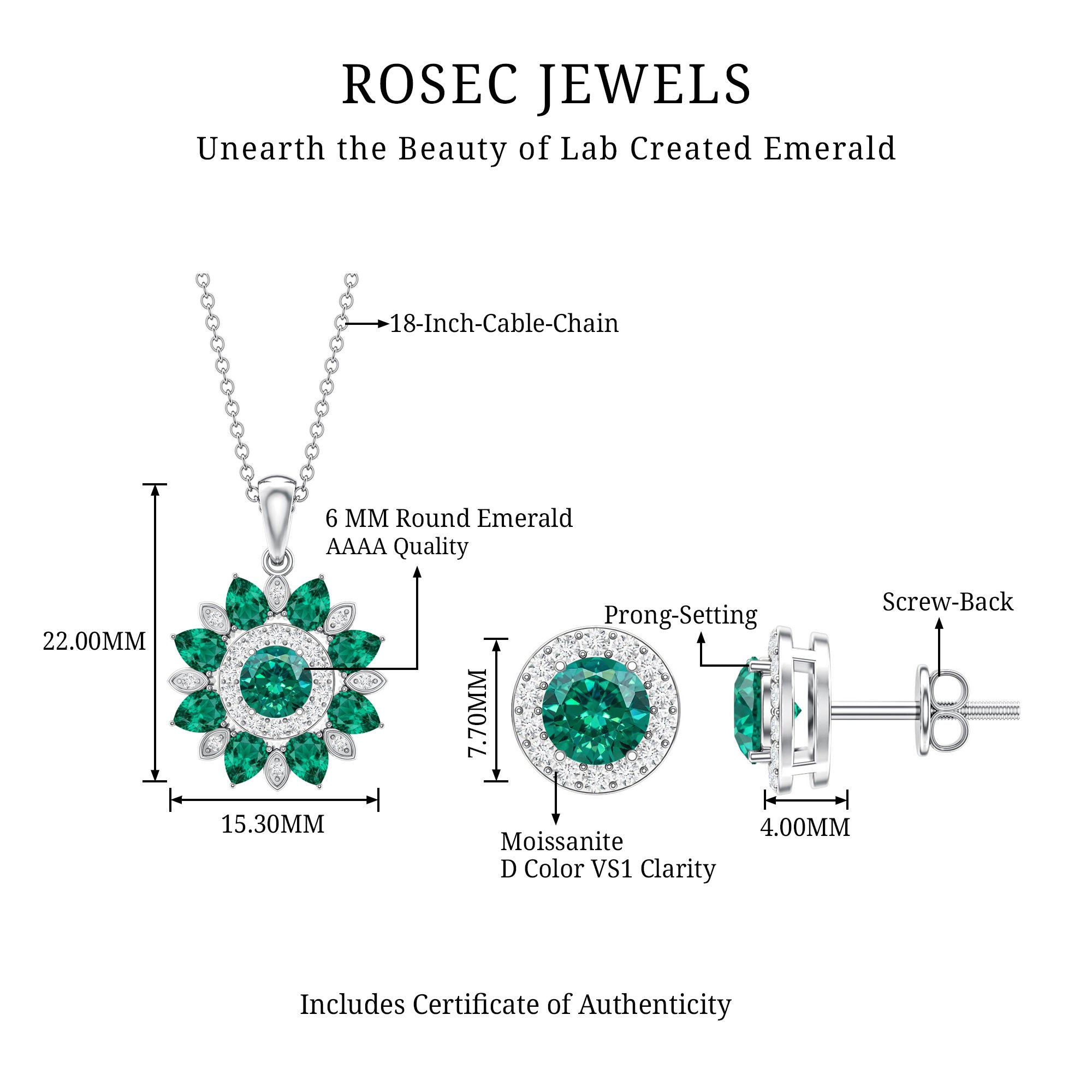 Certified Lab Created Emerald and Diamond Flower Jewelry Set AAAA - Rosec Jewels
