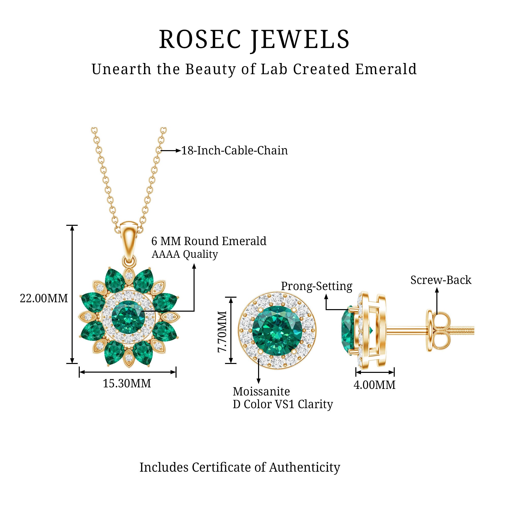 Certified Lab Created Emerald and Diamond Flower Jewelry Set AAAA - Rosec Jewels