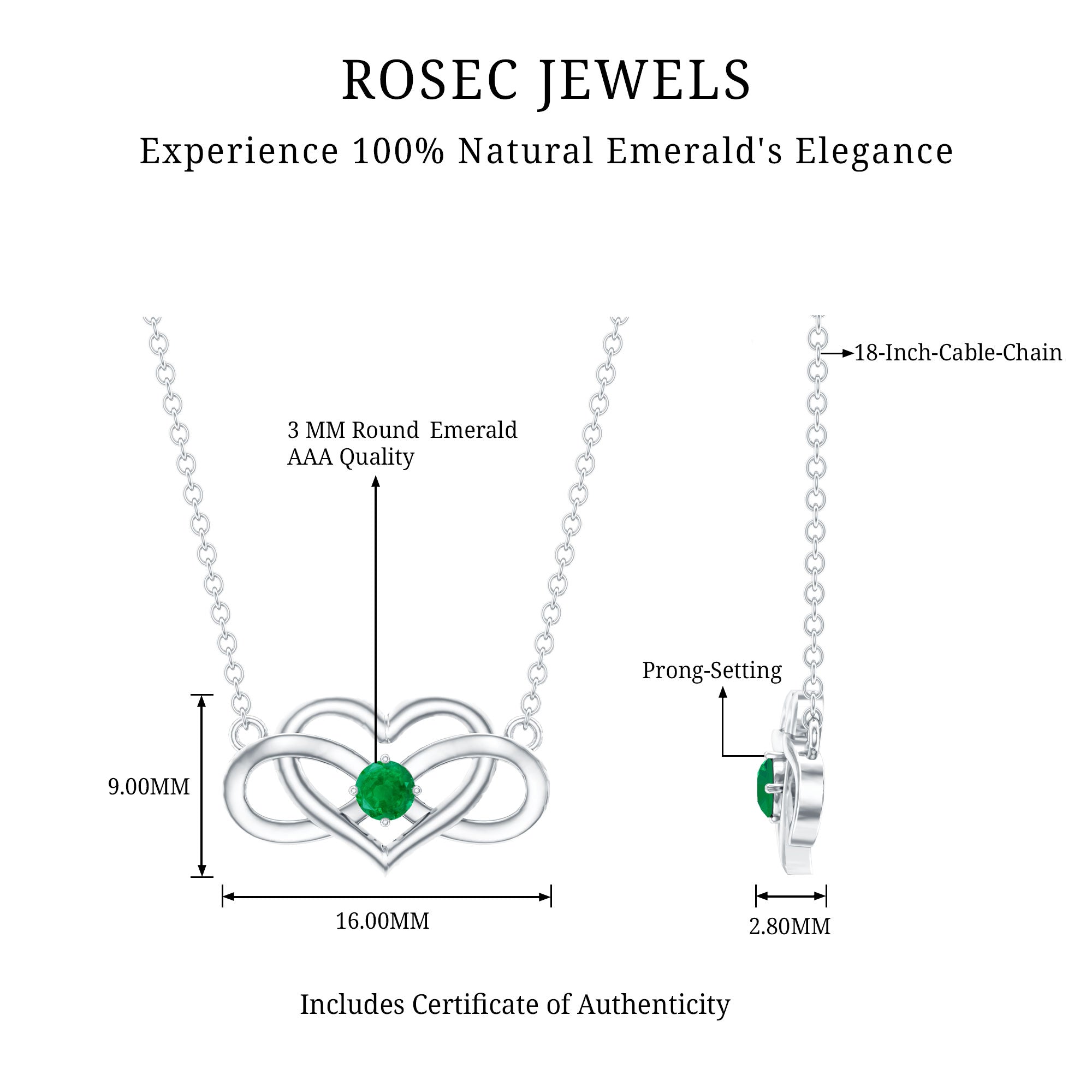 Emerald Heart and Infinity Chain Necklace for Women AAA - Rosec Jewels