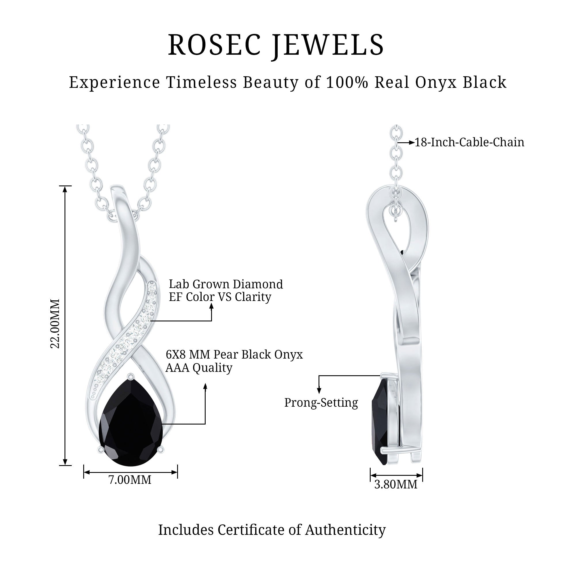 1 Carat Pear Shape Black Onyx Infinity Necklace with Diamonds AAA - Rosec Jewels