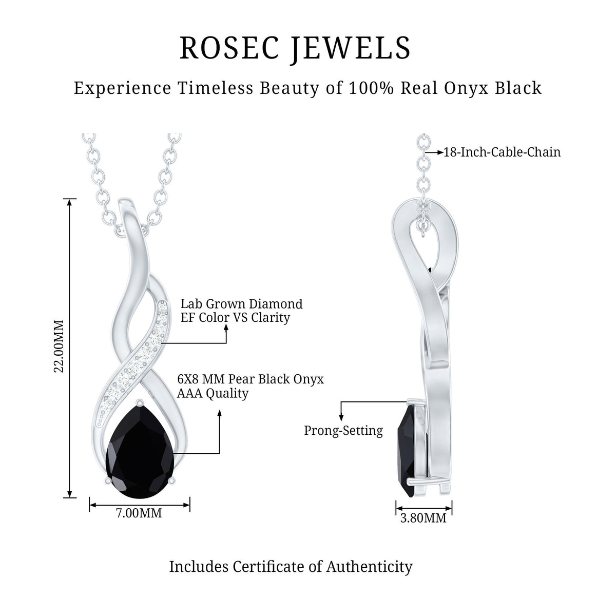 1 Carat Pear Shape Black Onyx Infinity Necklace with Diamonds AAA - Rosec Jewels