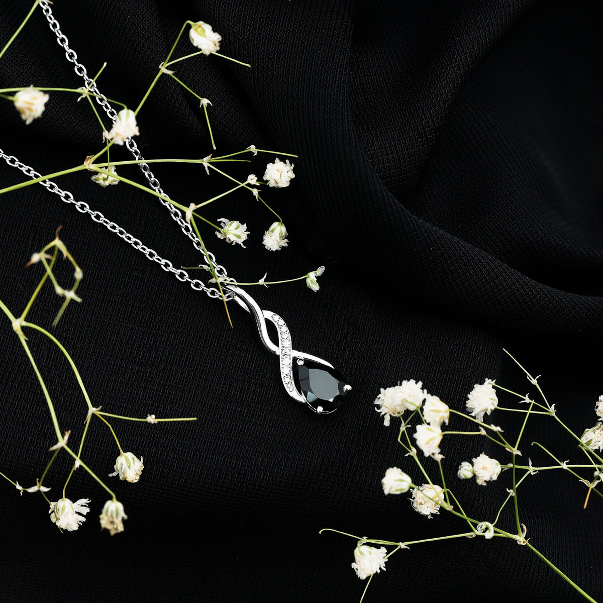 1 Carat Pear Shape Black Onyx Infinity Necklace with Diamonds AAA - Rosec Jewels