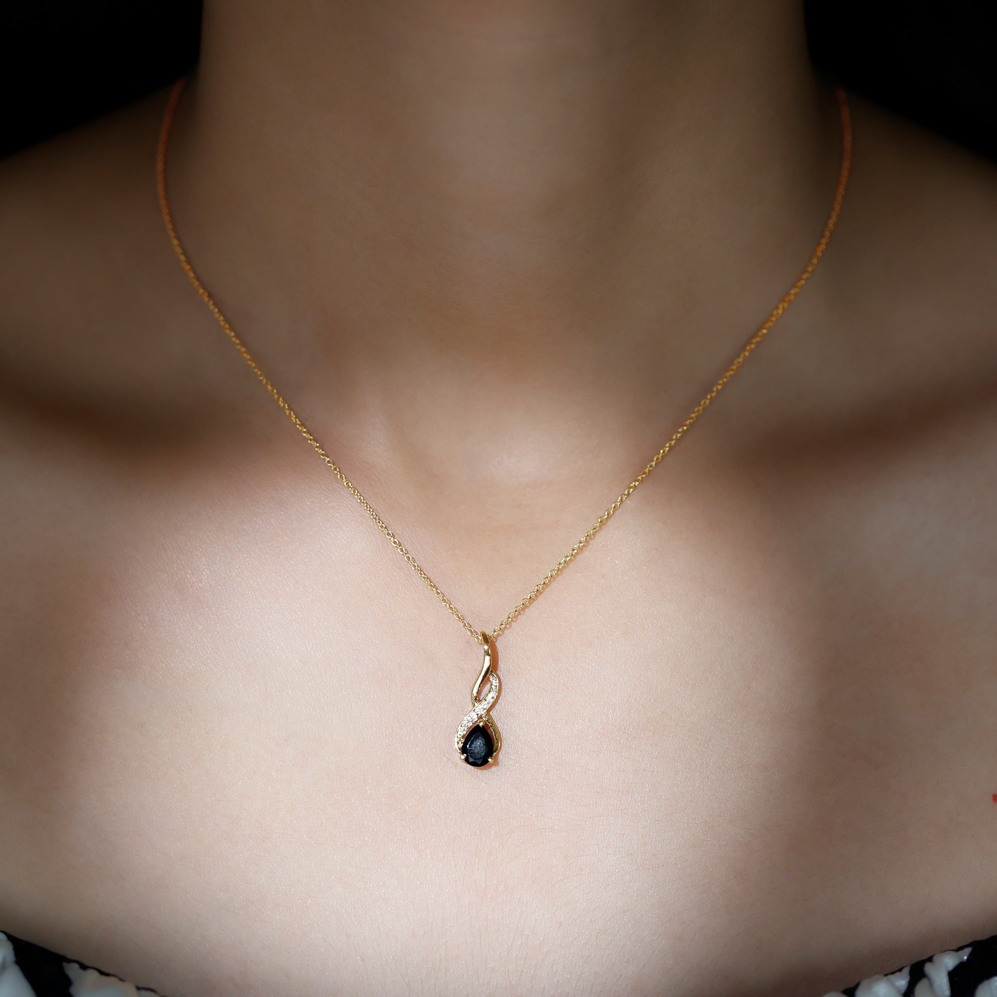 1 Carat Pear Shape Black Onyx Infinity Necklace with Diamonds AAA - Rosec Jewels