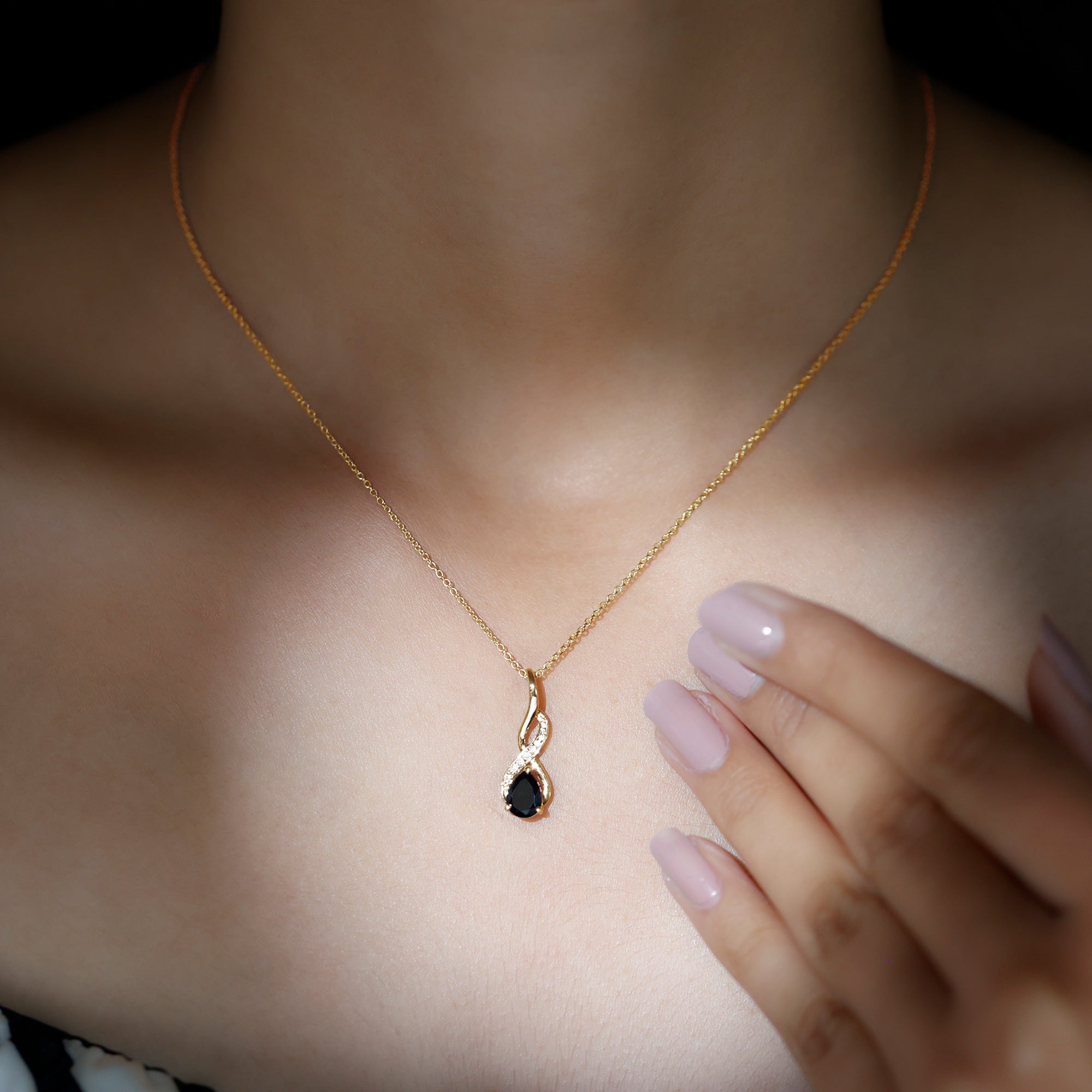 1 Carat Pear Shape Black Onyx Infinity Necklace with Diamonds AAA - Rosec Jewels